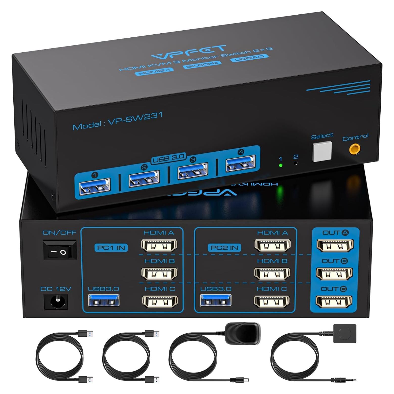 8K@60Hz HDMI KVM Switch 3 Monitors 2 Computers 4K@120Hz USB 3.0 KVM Switches for 2 PC Share Triple Monitor and 4 USB Ports Supports Extended&Duplicate Mode.Wired Controller DC 12V/1A Adapter Included