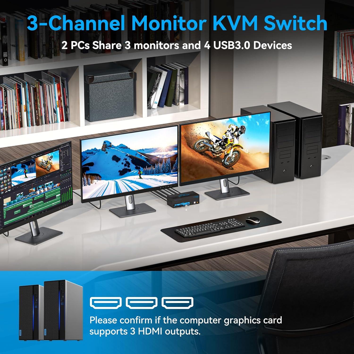 8K@60Hz HDMI KVM Switch 3 Monitors 2 Computers 4K@120Hz USB 3.0 KVM Switches for 2 PC Share Triple Monitor and 4 USB Ports Supports Extended&Duplicate Mode.Wired Controller DC 12V/1A Adapter Included