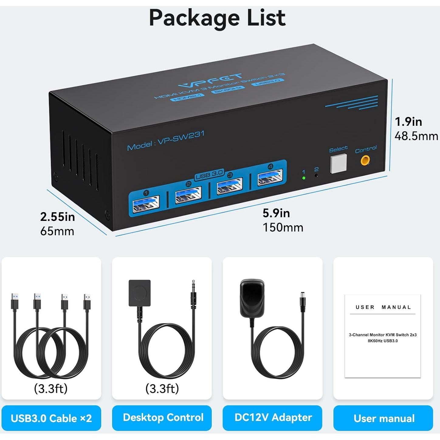 8K@60Hz HDMI KVM Switch 3 Monitors 2 Computers 4K@120Hz USB 3.0 KVM Switches for 2 PC Share Triple Monitor and 4 USB Ports Supports Extended&Duplicate Mode.Wired Controller DC 12V/1A Adapter Included