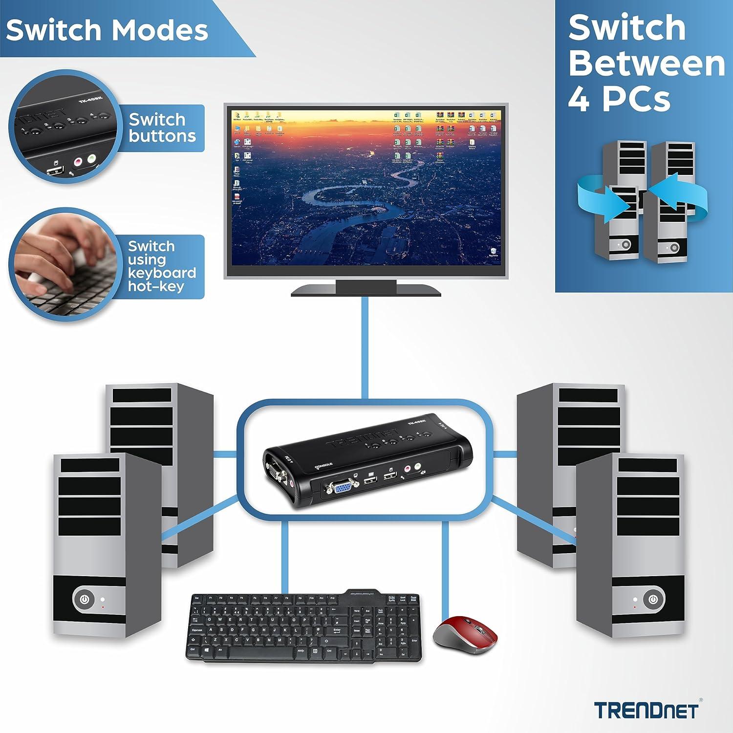 Interruptor KVM USB 4 Puertos TRENDnet TK-407K VGA 2048x1536