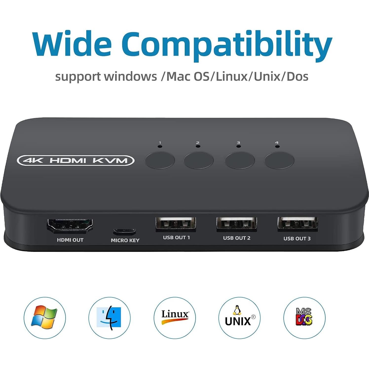 Conmutador KVM HDMI 4 Puertos DGODRT 4K@30Hz USB