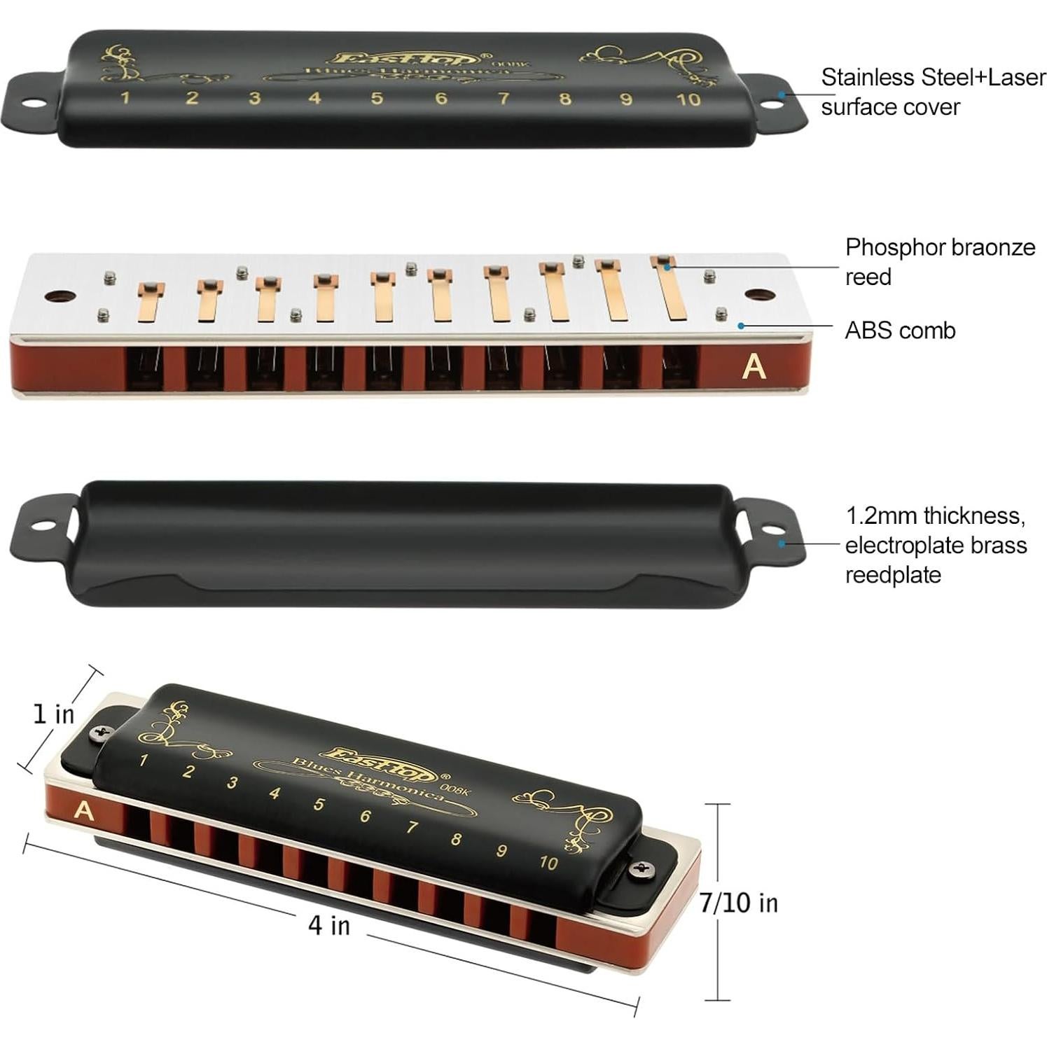 Armónica Diatónica East Top 10 Agujeros Clave de A Negra