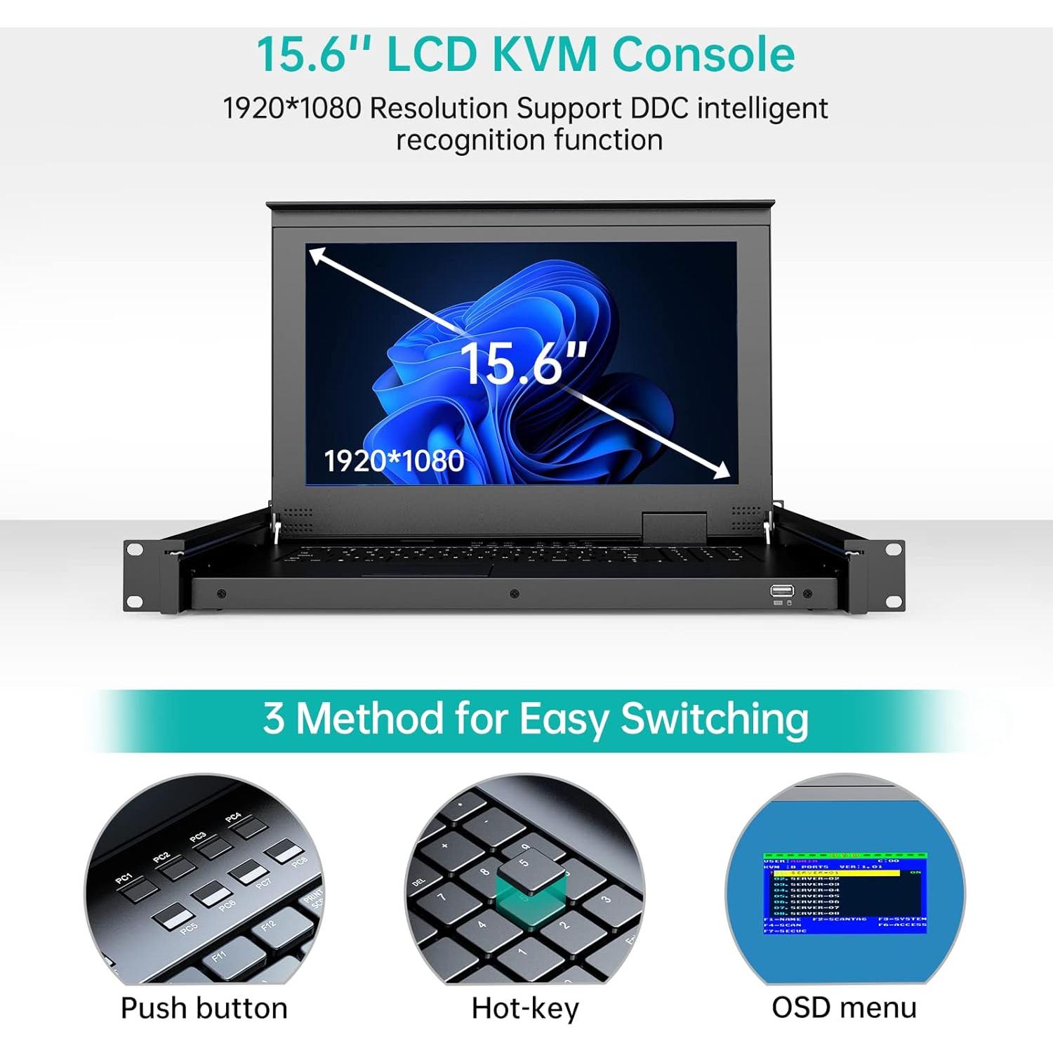 Consola KVM VGA 8 Puertos MT-VIKI + Cable 3.05m Negro