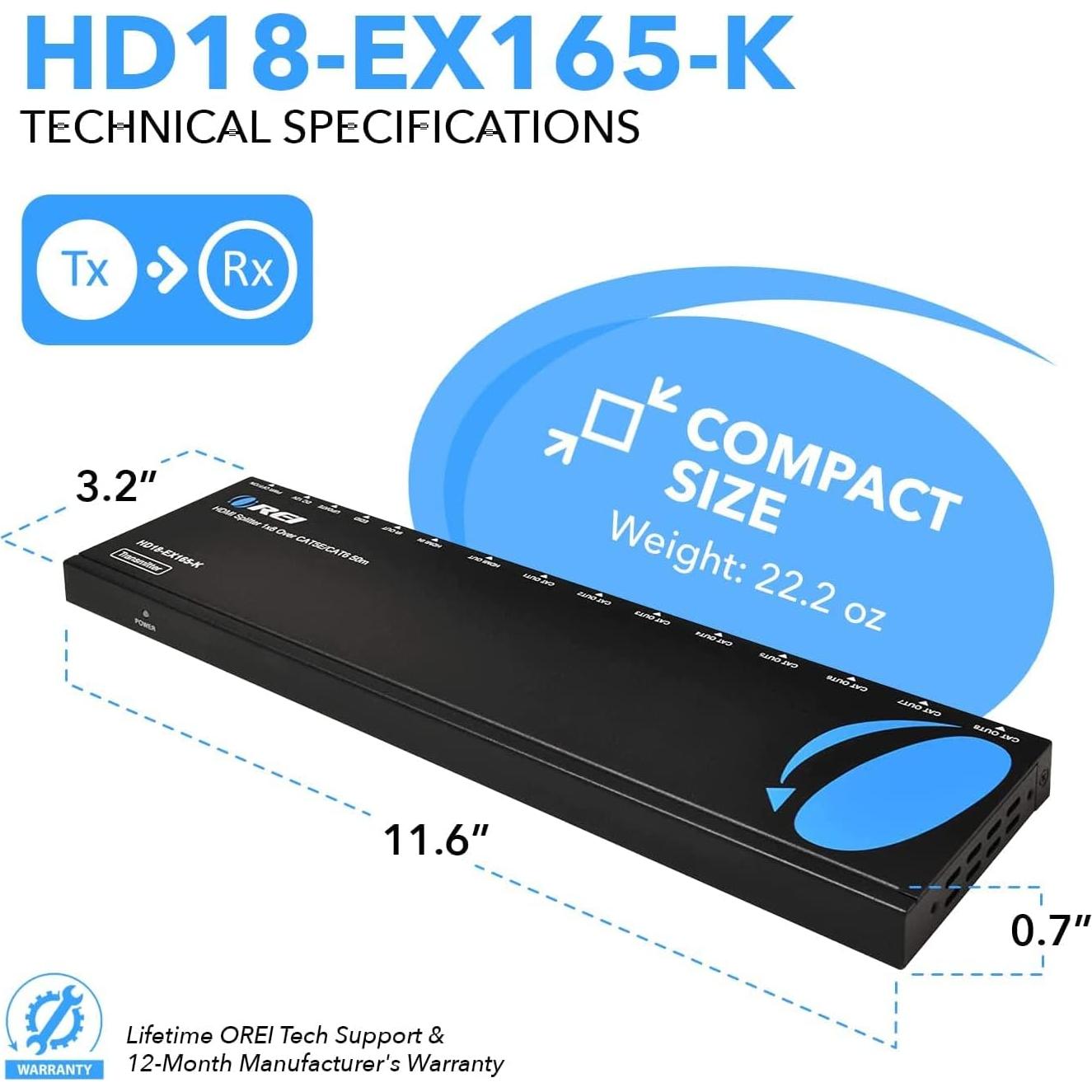 OREI Extensor HDMI 1x8 sobre Cat6/7 hasta 50.29m 1080P