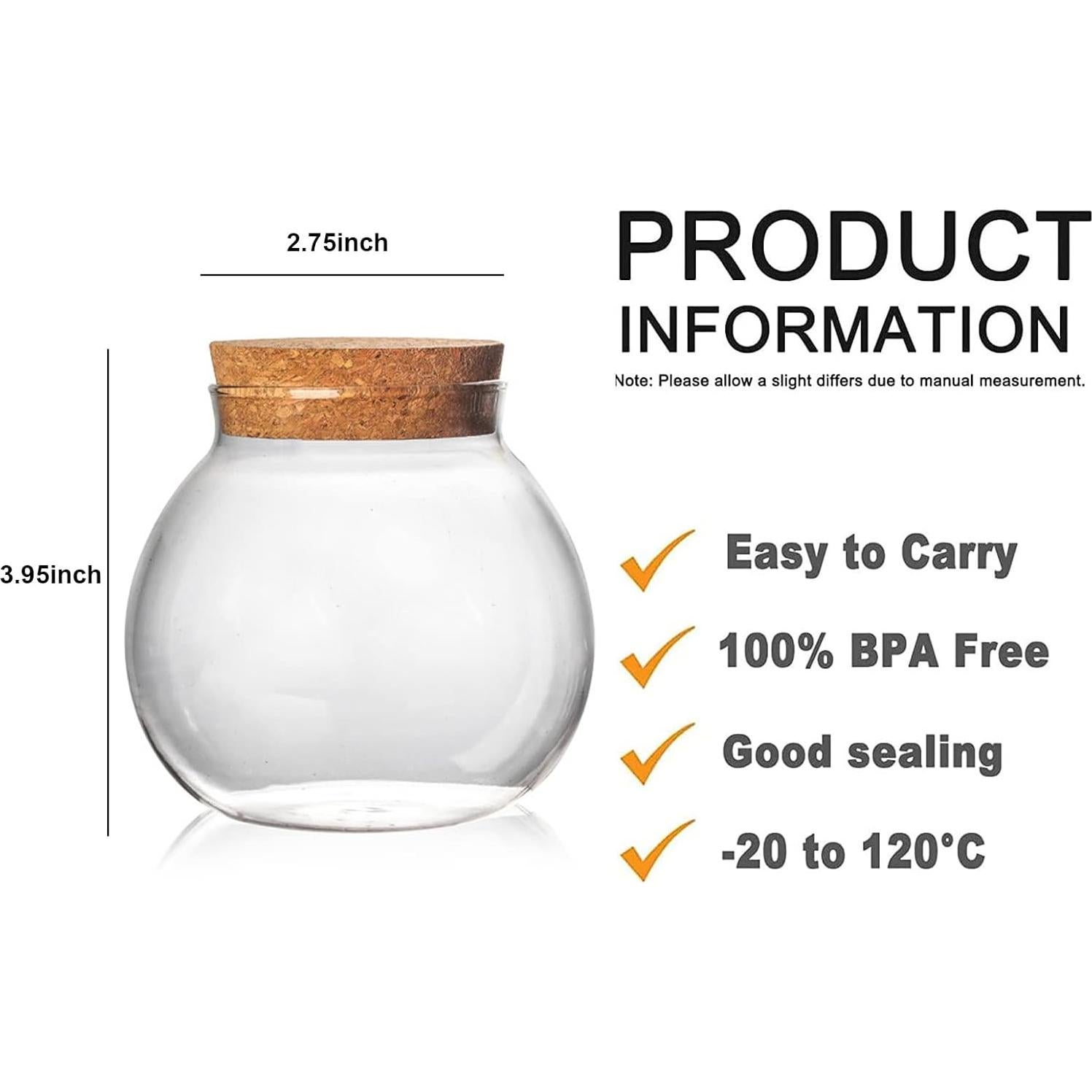 Juego de 2 tarros de vidrio redondos con tapa de corcho 0.5L