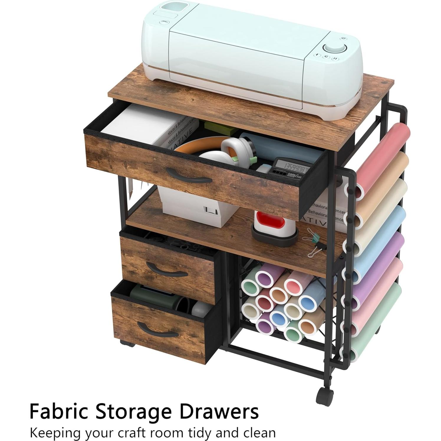 Storage Cart Compatible with Cricut Machines Stand Cutting Machine Stand with Drawers and Vinyl Roll Holder Rolling Craft Cabinet Table for Cricut Craft Workstation (Rustic Brown)