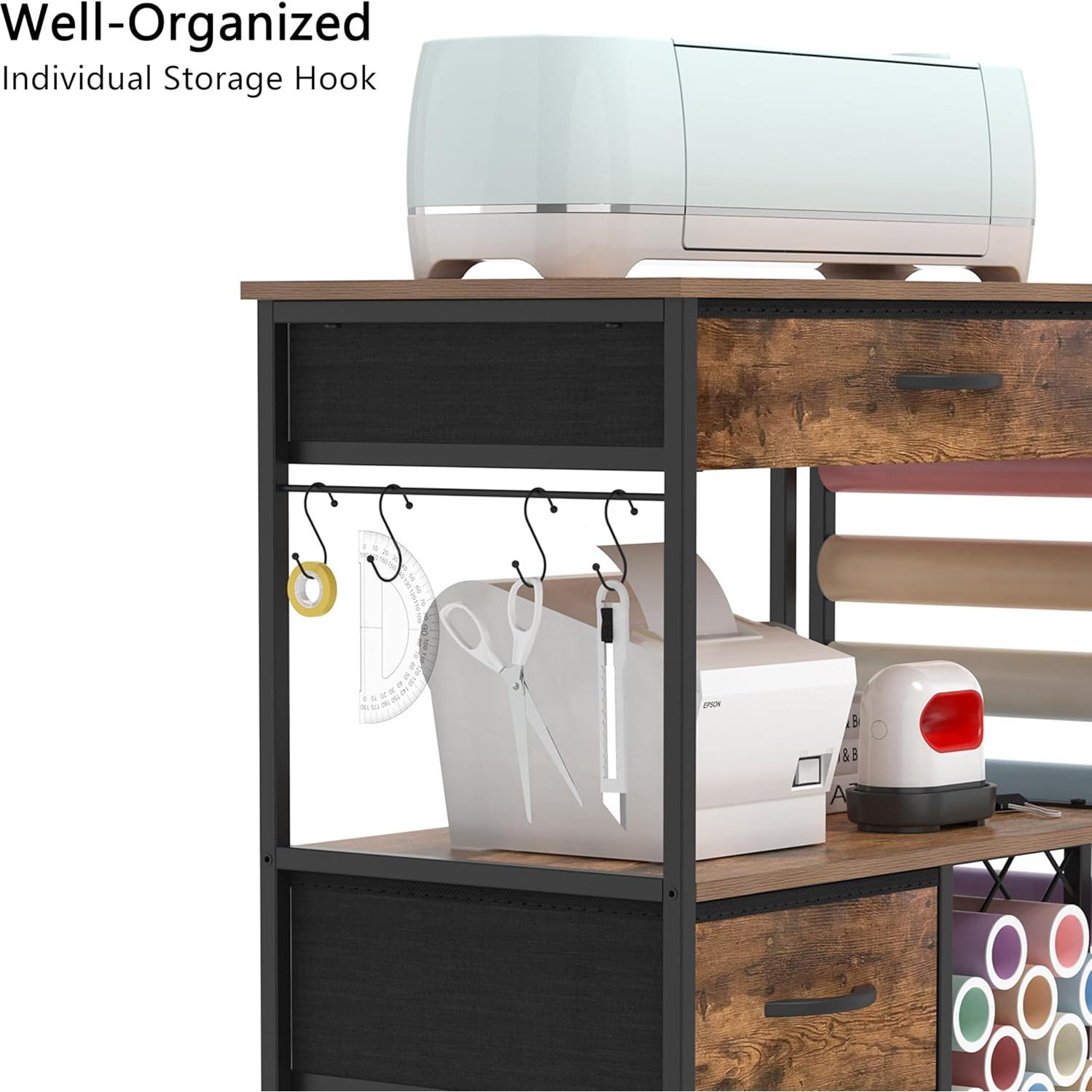 Storage Cart Compatible with Cricut Machines Stand Cutting Machine Stand with Drawers and Vinyl Roll Holder Rolling Craft Cabinet Table for Cricut Craft Workstation (Rustic Brown)