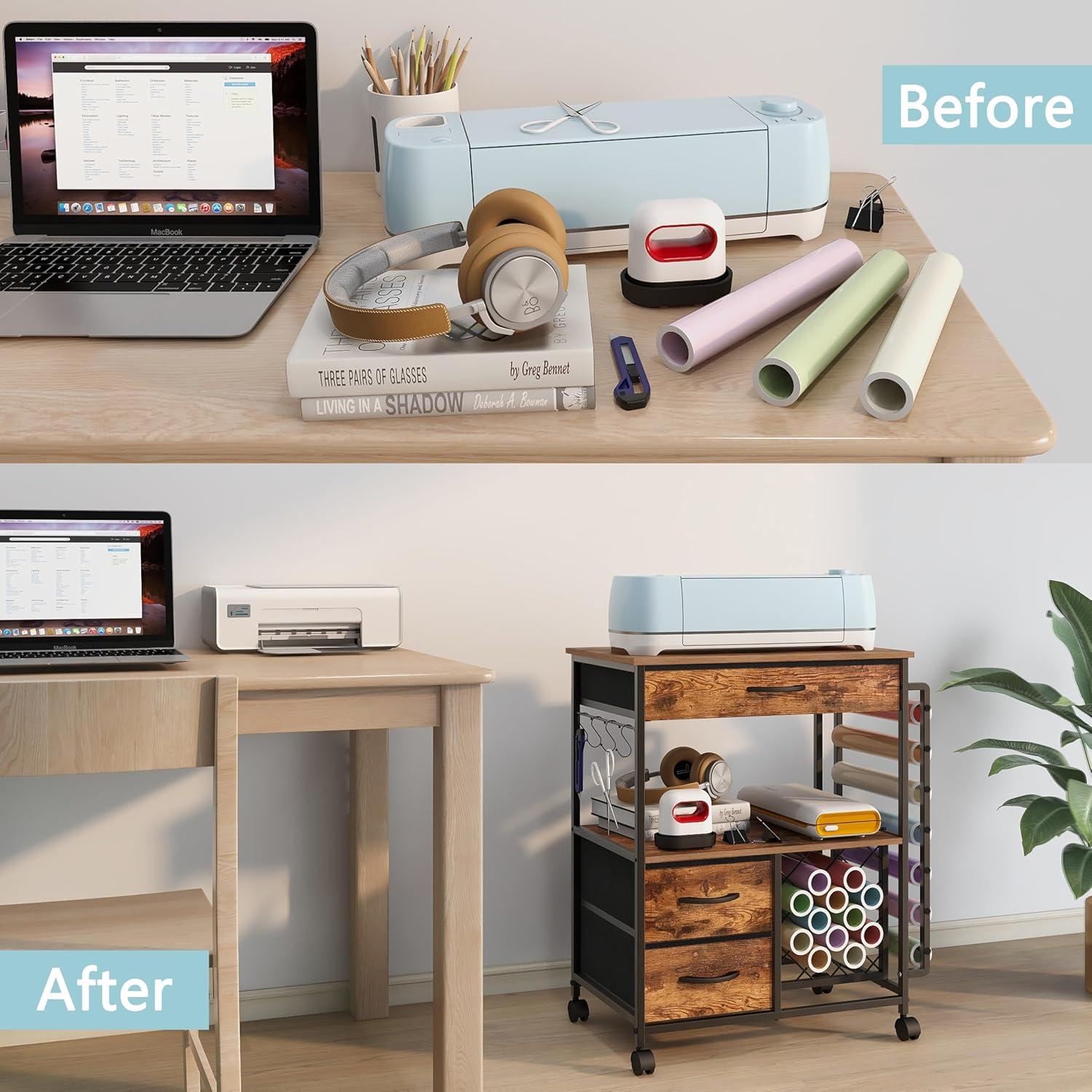 Storage Cart Compatible with Cricut Machines Stand Cutting Machine Stand with Drawers and Vinyl Roll Holder Rolling Craft Cabinet Table for Cricut Craft Workstation (Rustic Brown)