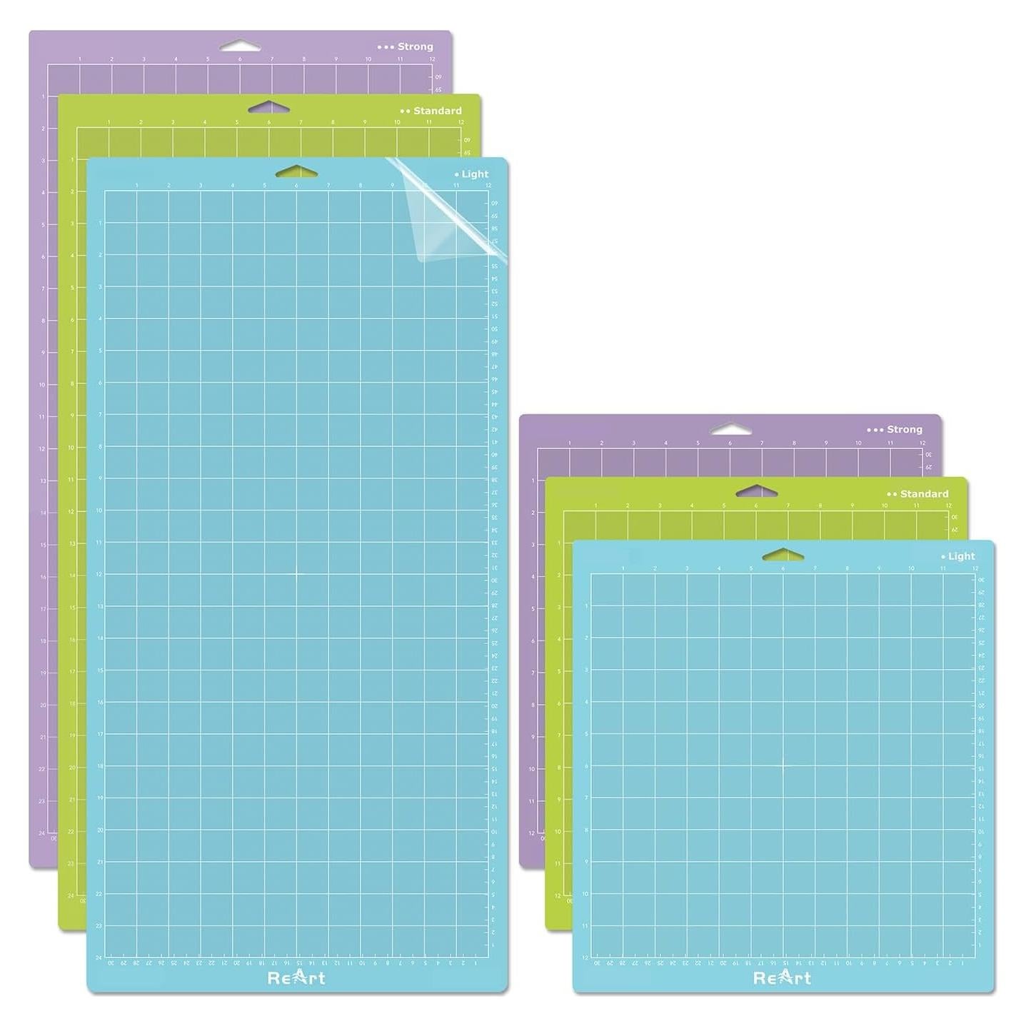 ReArt Cutting Mat Variety 6 Packs for Cricut Maker 3/Maker/Explore 3/Air 2/Air/One Adhesive Sticky Replacement - Strong, Standard, Light, 12in x 12in x 3 Packs, 12in x 24in x 3 Packs.