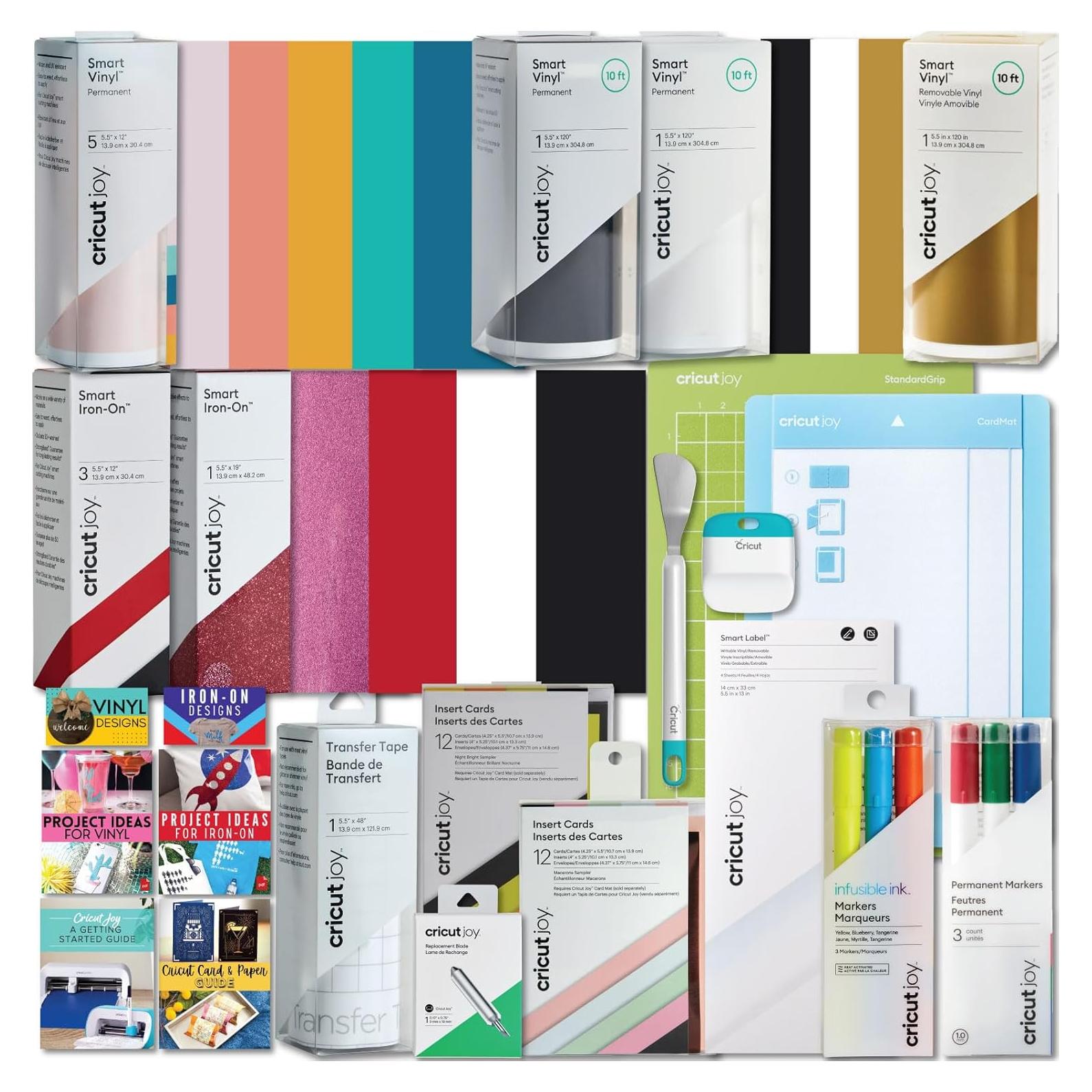 Ultimate All-in-One Materials and Accessories Bundle - 55+ Piece Beginner Sampler Material Kit Joy Cutting Machines - Vinyl Rolls, HTV, Card Making Packs, Pens, Tools & Cutting Mats