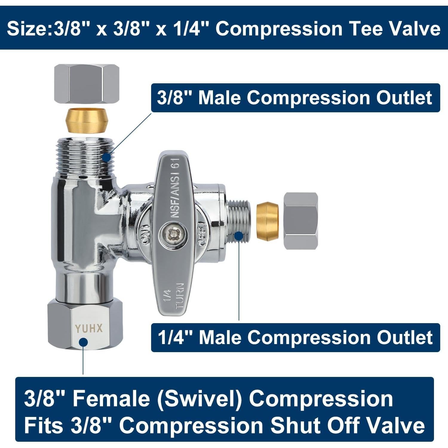 Válvula de Tee de Compresión YUHX 3/8 x 3/8 x 1/4 para Agua