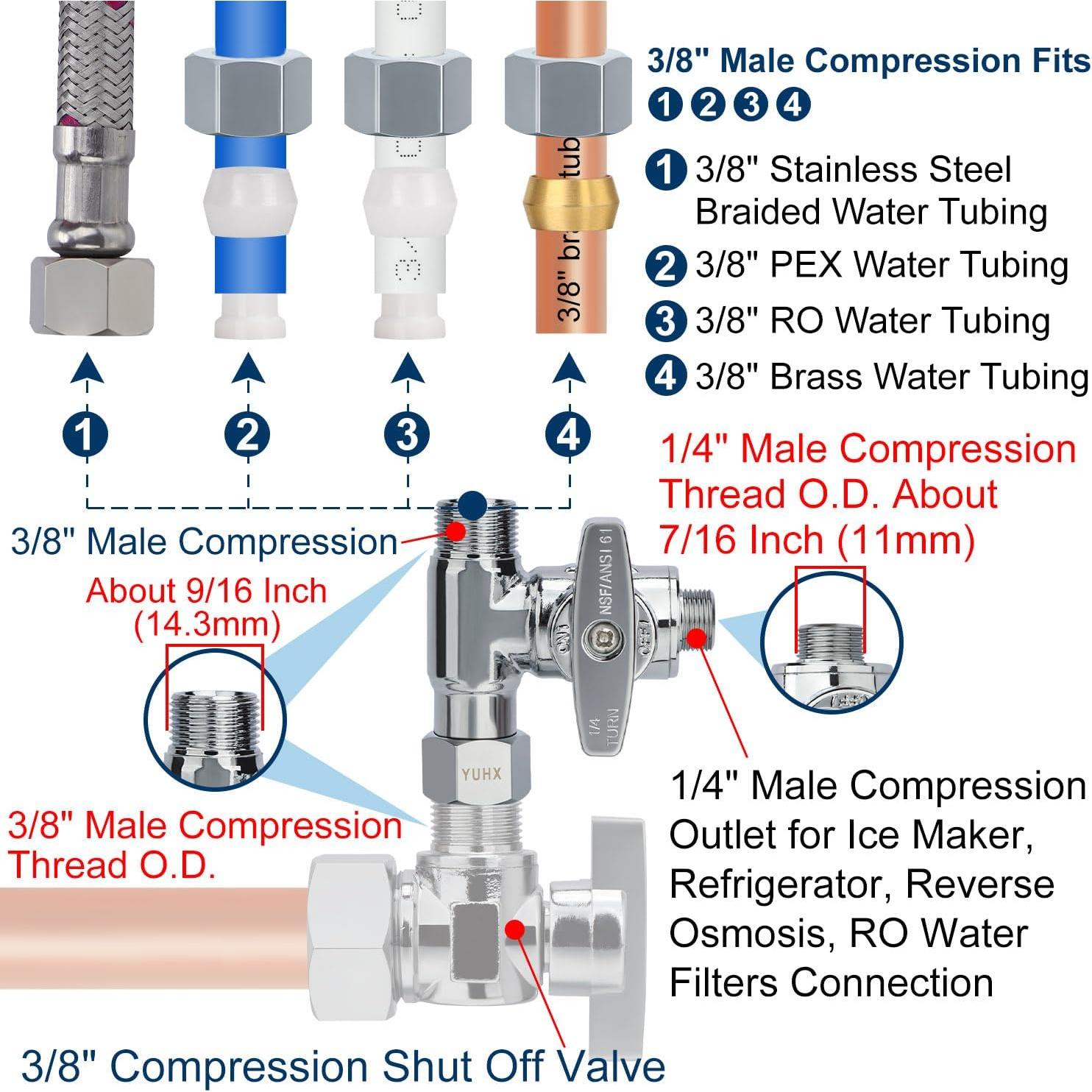 Válvula de Tee de Compresión YUHX 3/8 x 3/8 x 1/4 para Agua