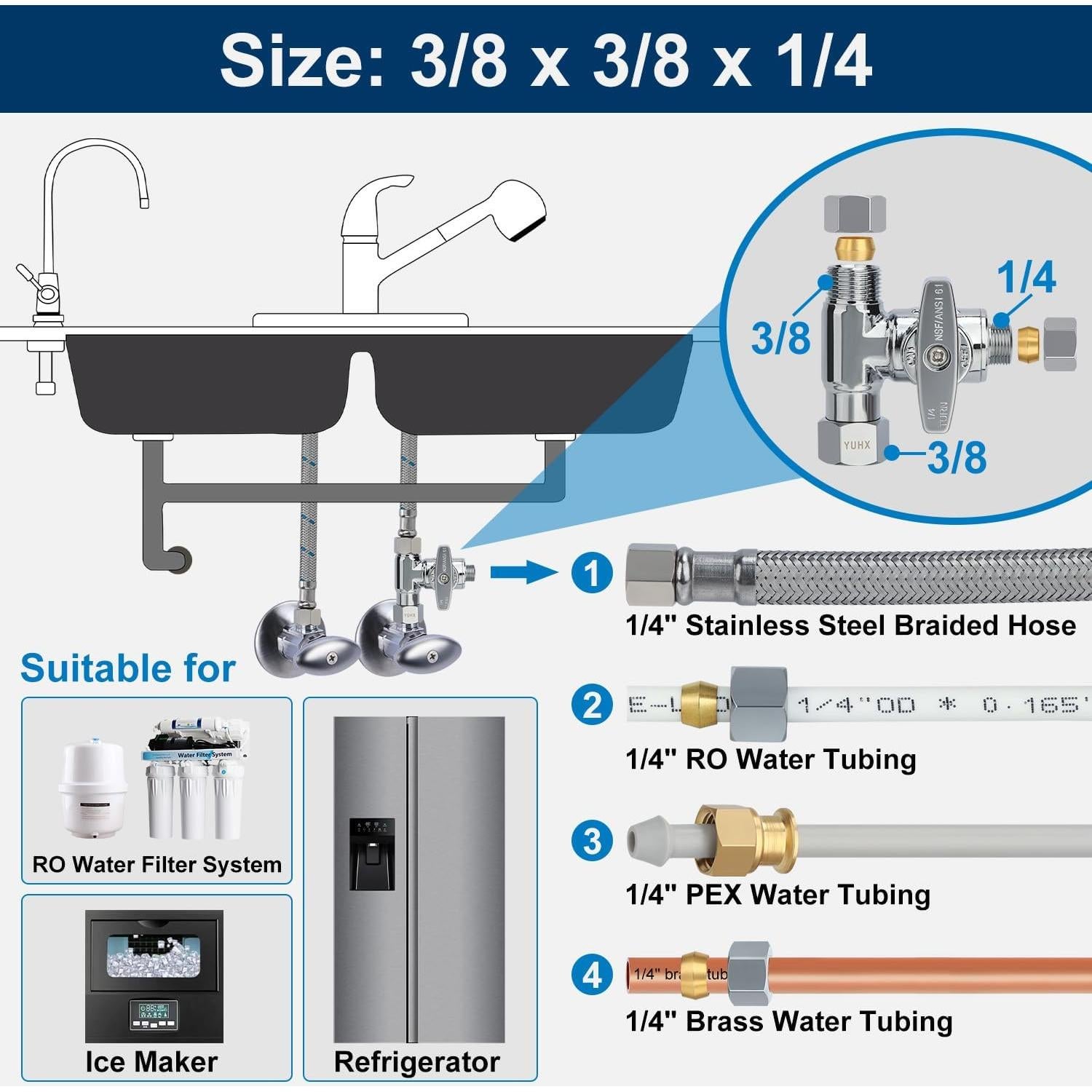 Válvula de Tee de Compresión YUHX 3/8 x 3/8 x 1/4 para Agua