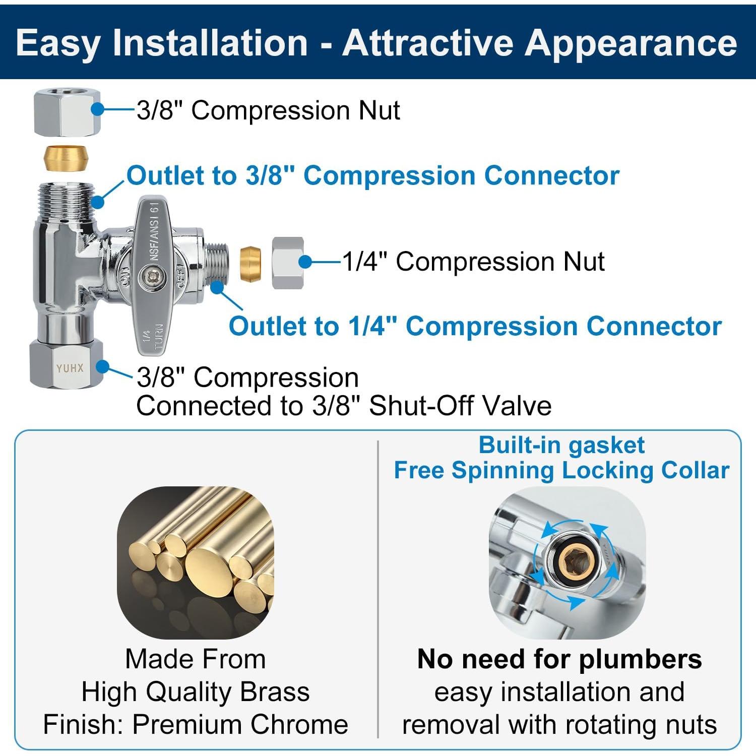 Válvula de Tee de Compresión YUHX 3/8 x 3/8 x 1/4 para Agua