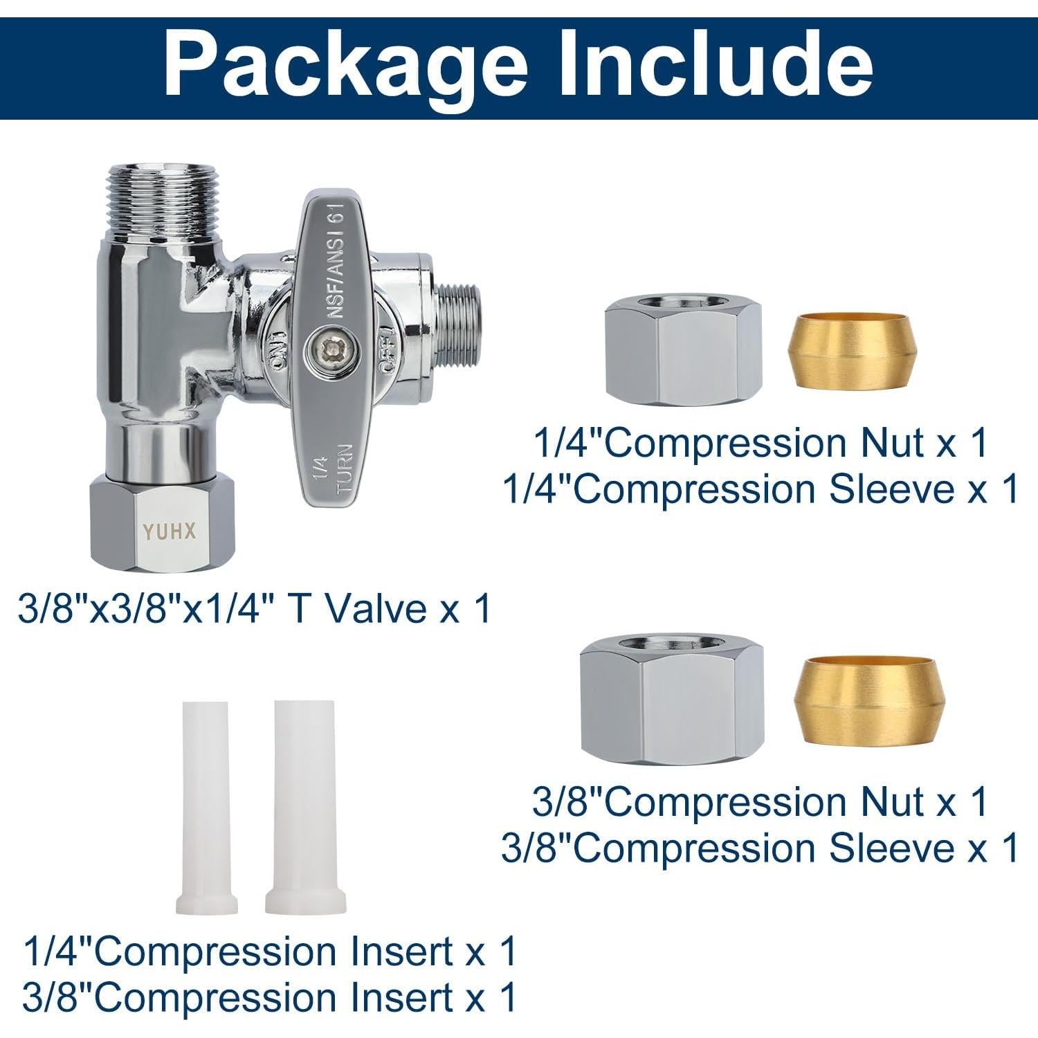 Válvula de Tee de Compresión YUHX 3/8 x 3/8 x 1/4 para Agua