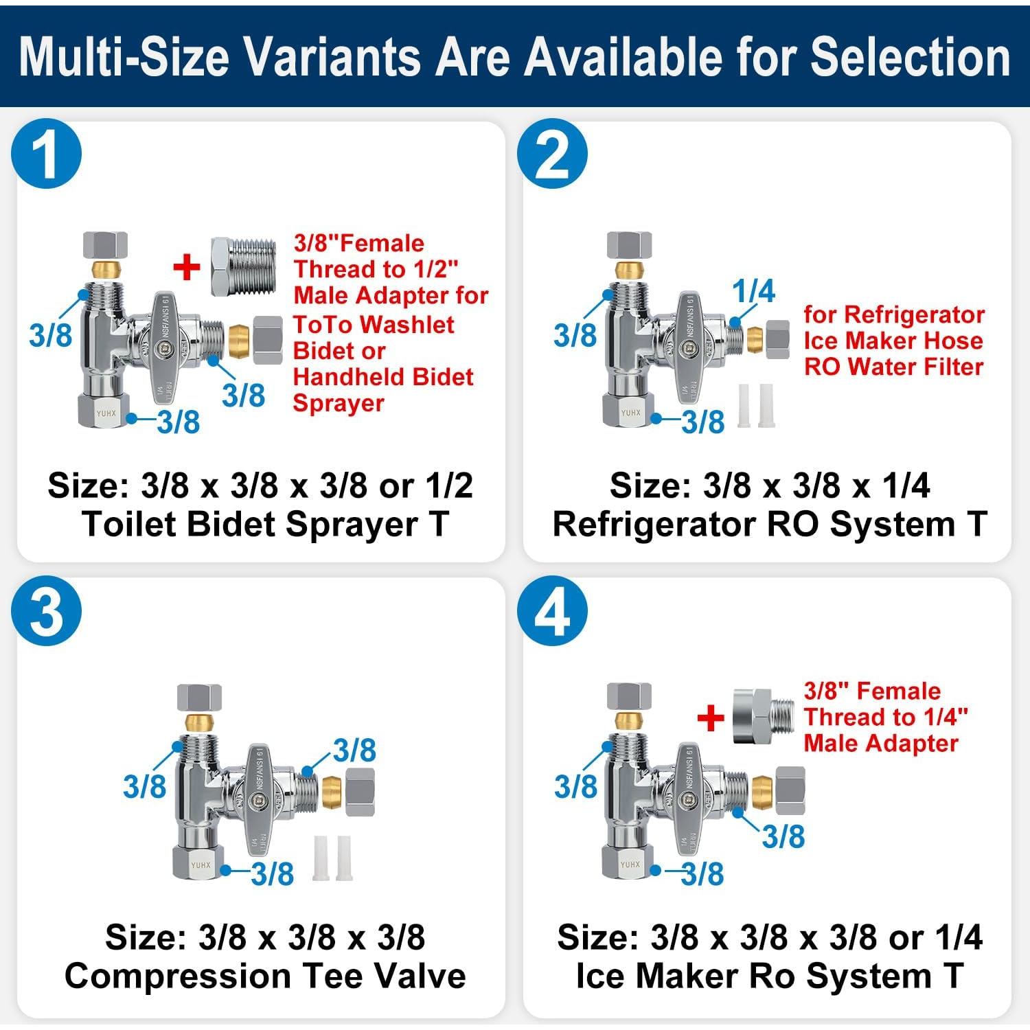 Válvula de Tee de Compresión YUHX 3/8 x 3/8 x 1/4 para Agua