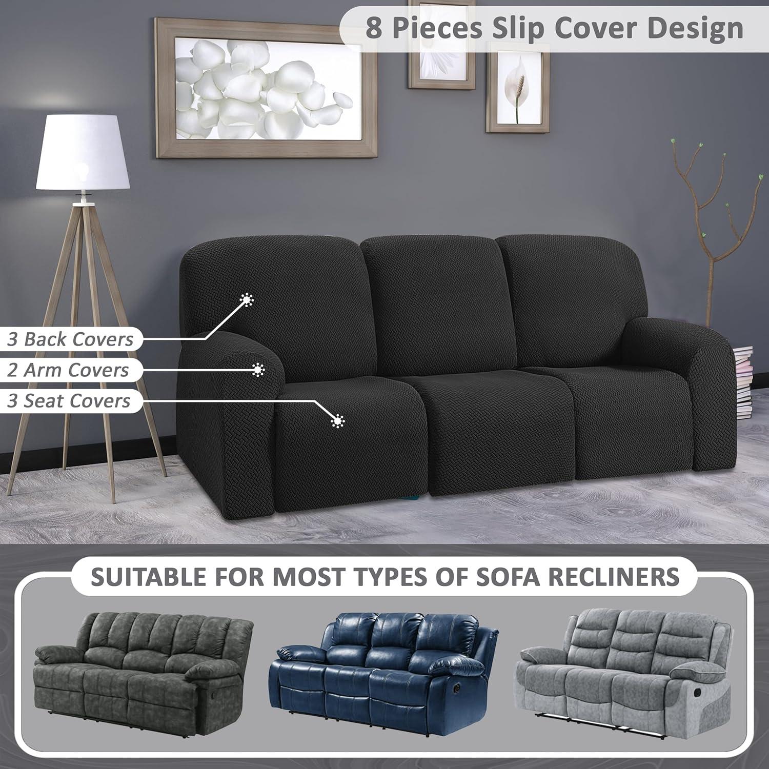 Cubre Sofá Recliner ULTICOR Jacquard 8 Piezas 3 Asientos Negro