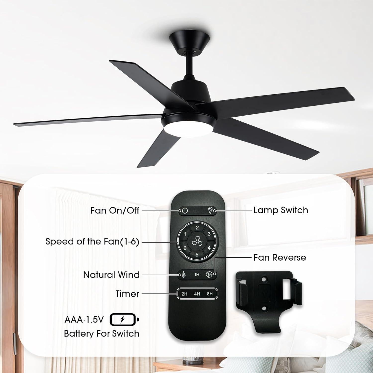 Ventilador de Techo ACEROCK 52" Negro con Luz LED y Control Remoto