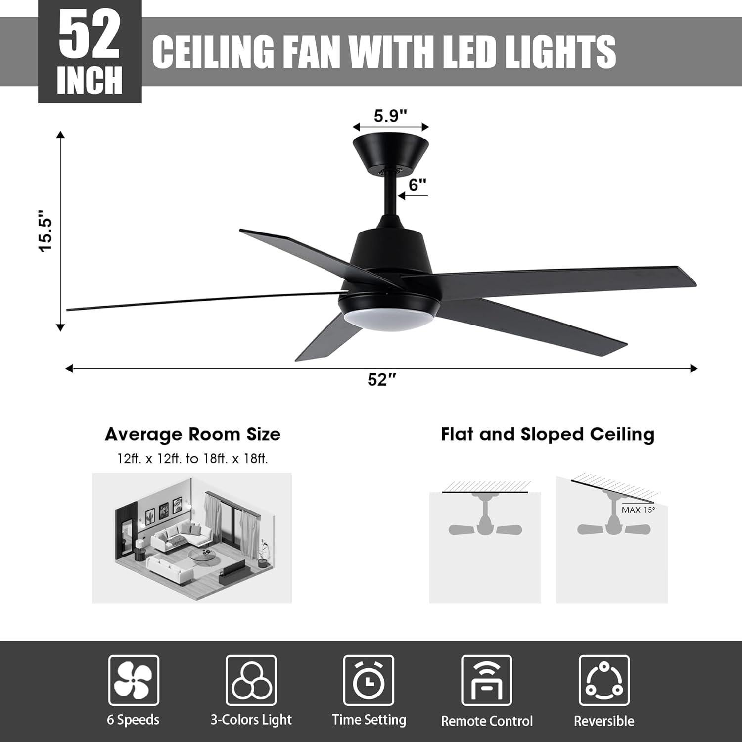 Ventilador de Techo ACEROCK 52" Negro con Luz LED y Control Remoto