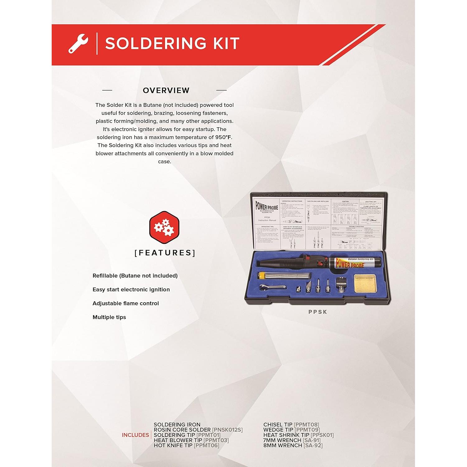 POWER PROBE Butane Soldering Kit (PPSK) [Automotive Diagnostic Car Test Tool, Easy Start Electronic Ignition, Adjustable Flame, with Multiple Tips, Black