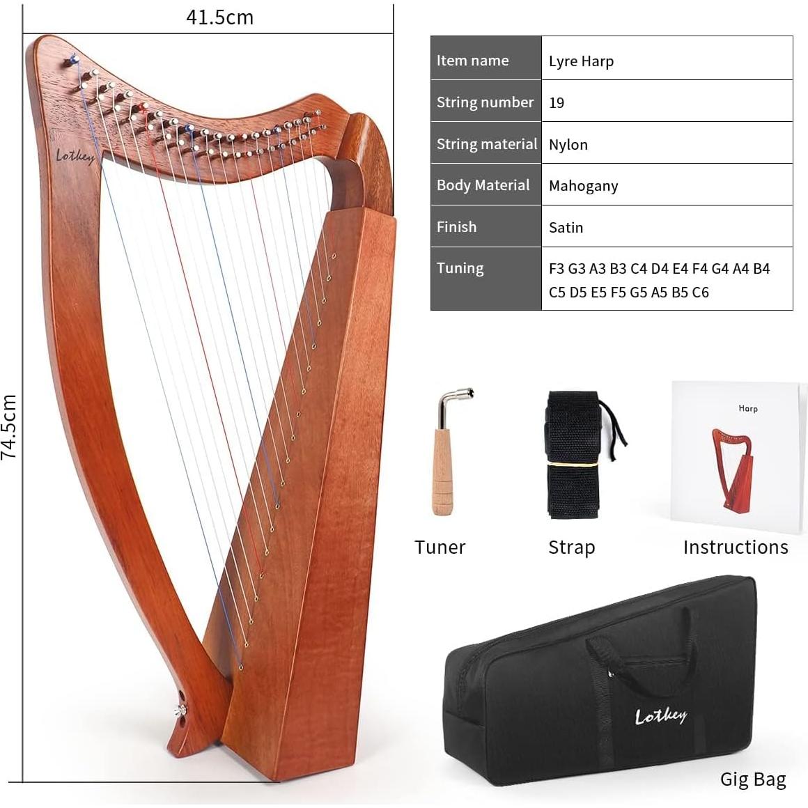 Arpa Lira Lotkey 19 Cuerdas Caoba Sólida 74 cm