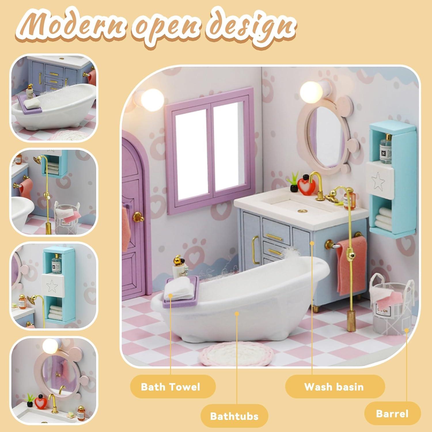 Kisoy Dollhouse Miniature with Furniture Kit, DIY 3D Wooden DIY House Kit A Corner of a Small Apartment Style with Dust Cover & LED,Handmade Tiny House Toys for Kids Adults Gift (Bathroom)