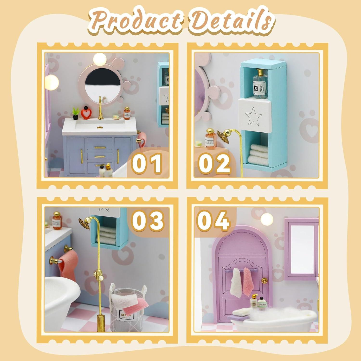 Kisoy Dollhouse Miniature with Furniture Kit, DIY 3D Wooden DIY House Kit A Corner of a Small Apartment Style with Dust Cover & LED,Handmade Tiny House Toys for Kids Adults Gift (Bathroom)