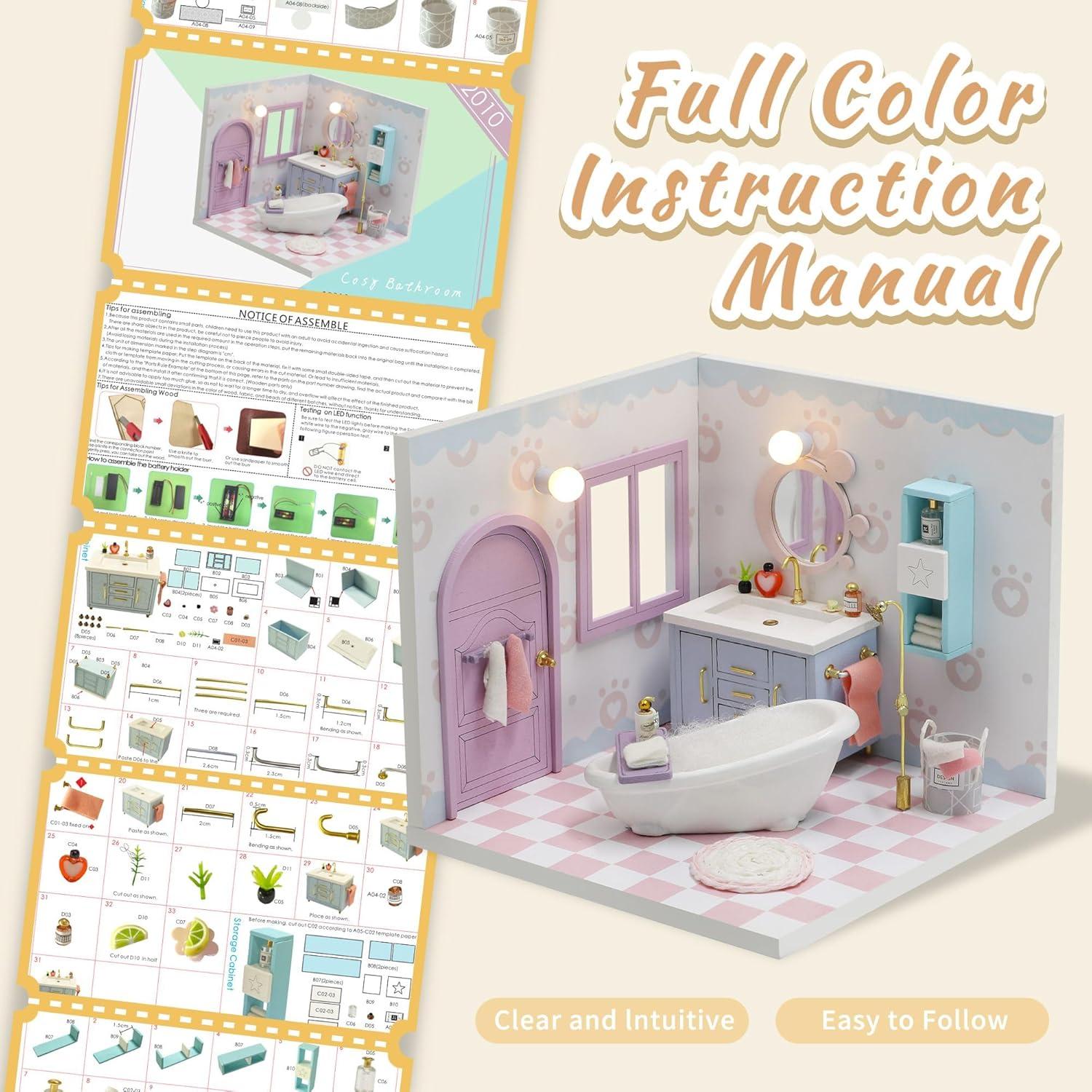 Kisoy Dollhouse Miniature with Furniture Kit, DIY 3D Wooden DIY House Kit A Corner of a Small Apartment Style with Dust Cover & LED,Handmade Tiny House Toys for Kids Adults Gift (Bathroom)