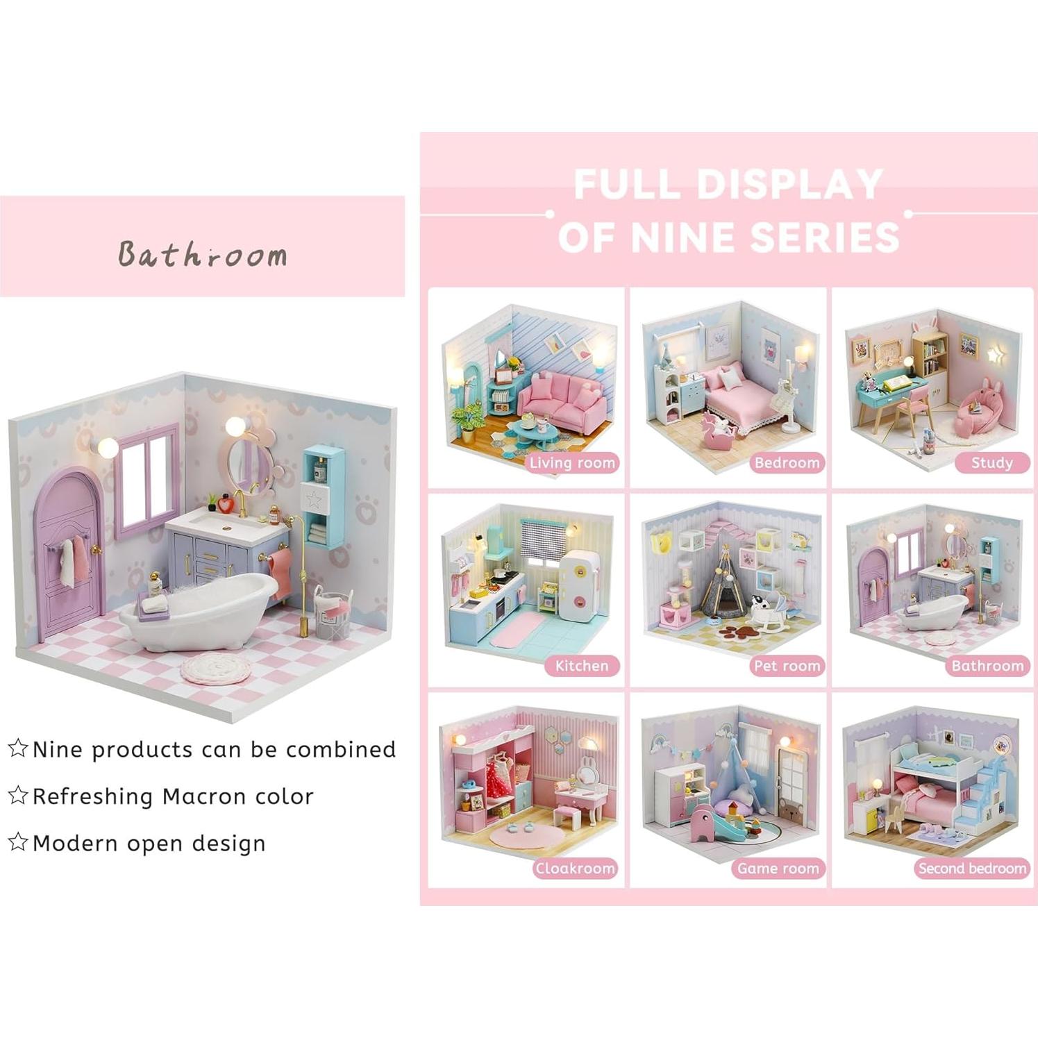 Kisoy Dollhouse Miniature with Furniture Kit, DIY 3D Wooden DIY House Kit A Corner of a Small Apartment Style with Dust Cover & LED,Handmade Tiny House Toys for Kids Adults Gift (Bathroom)