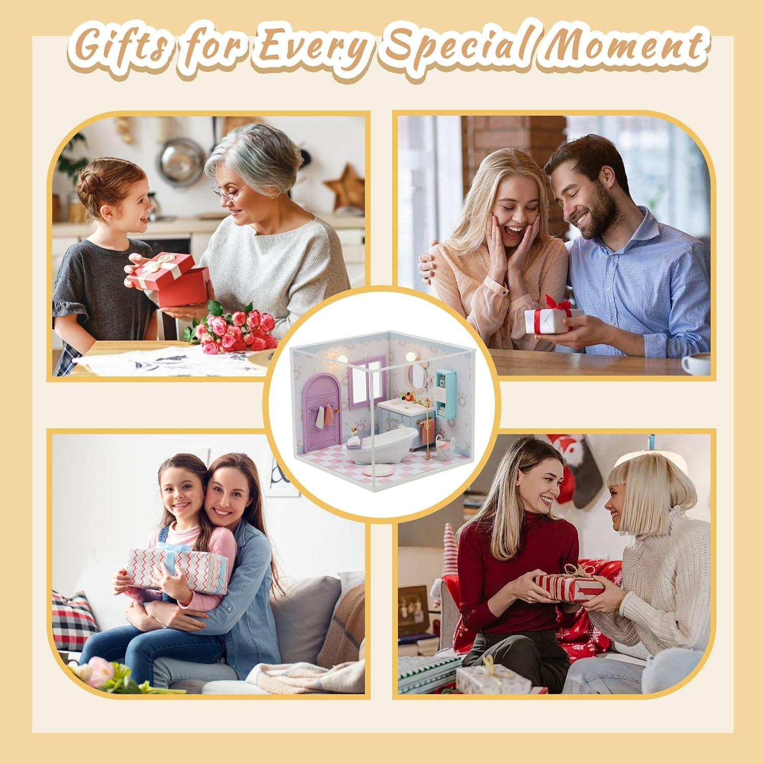 Kisoy Dollhouse Miniature with Furniture Kit, DIY 3D Wooden DIY House Kit A Corner of a Small Apartment Style with Dust Cover & LED,Handmade Tiny House Toys for Kids Adults Gift (Bathroom)