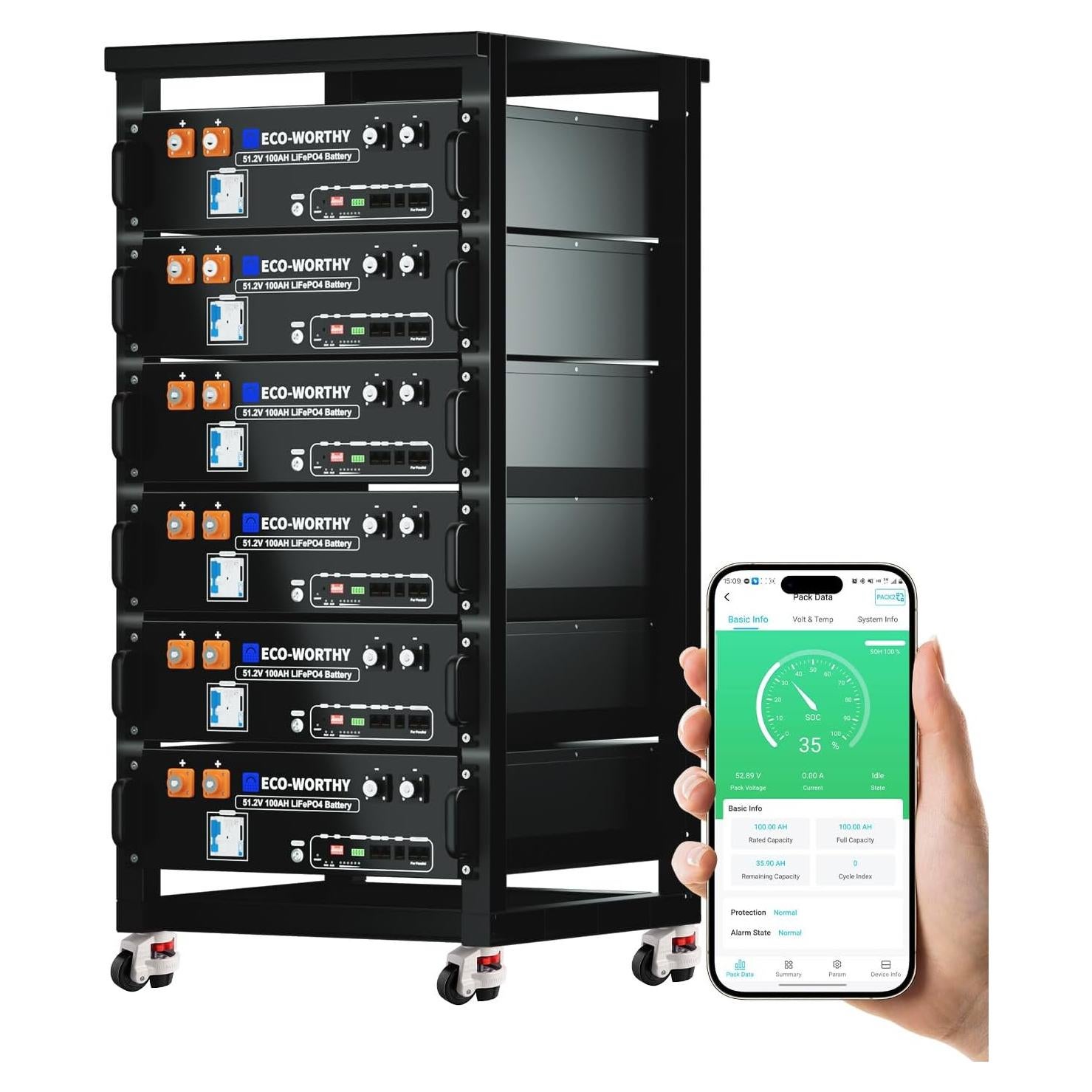 ECO-WORTHY 48V 600Ah Server Rack Battery LiFePO4 w/Bluetooth | 6 Pack 30.72kWh Solar Battery Kit for Home Backup | UL1973 & UL9540A & CEC Listed (Get Free Rack with 600A Busbar)