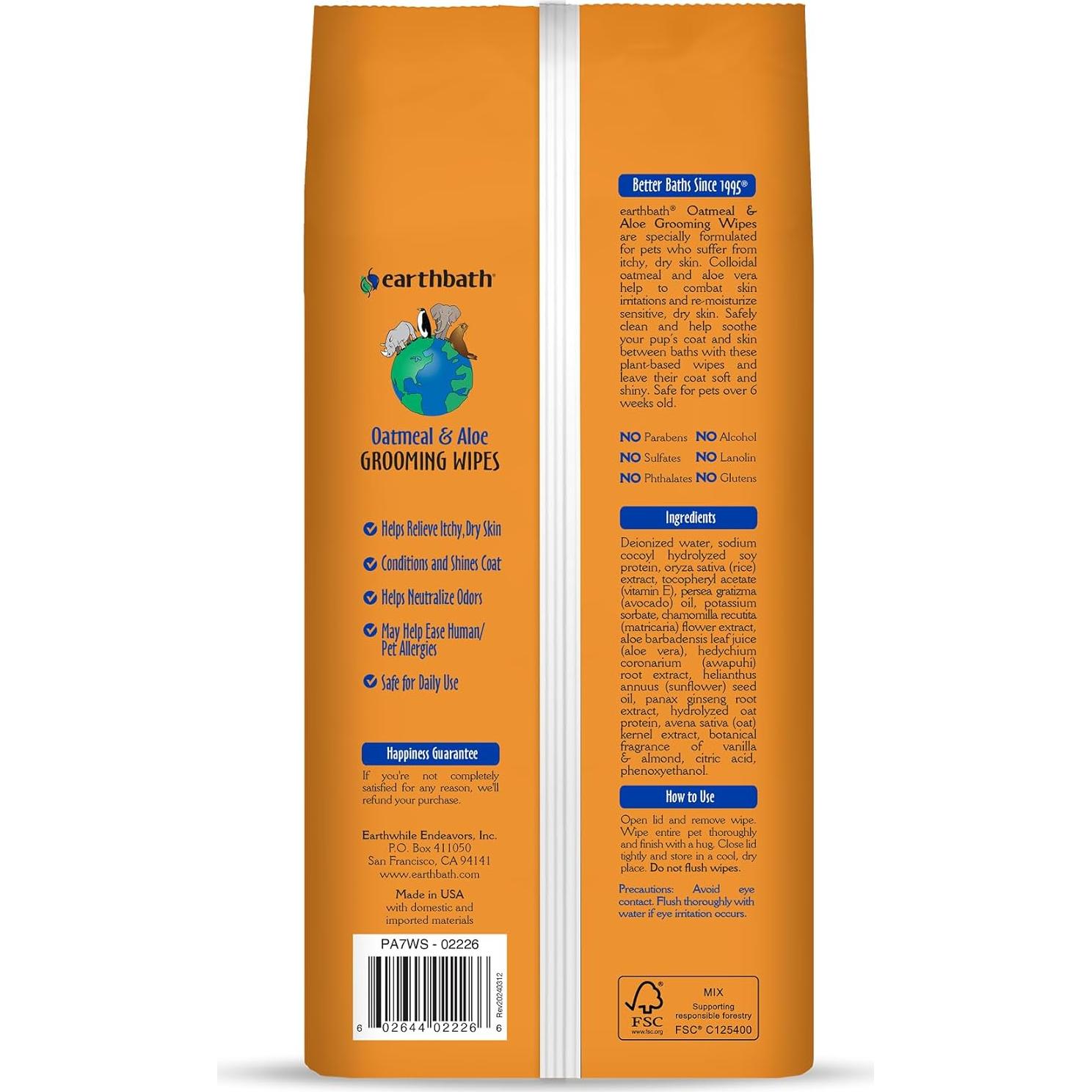 Toallitas para Perros earthbath 100 Contenido Vainilla y Almendra