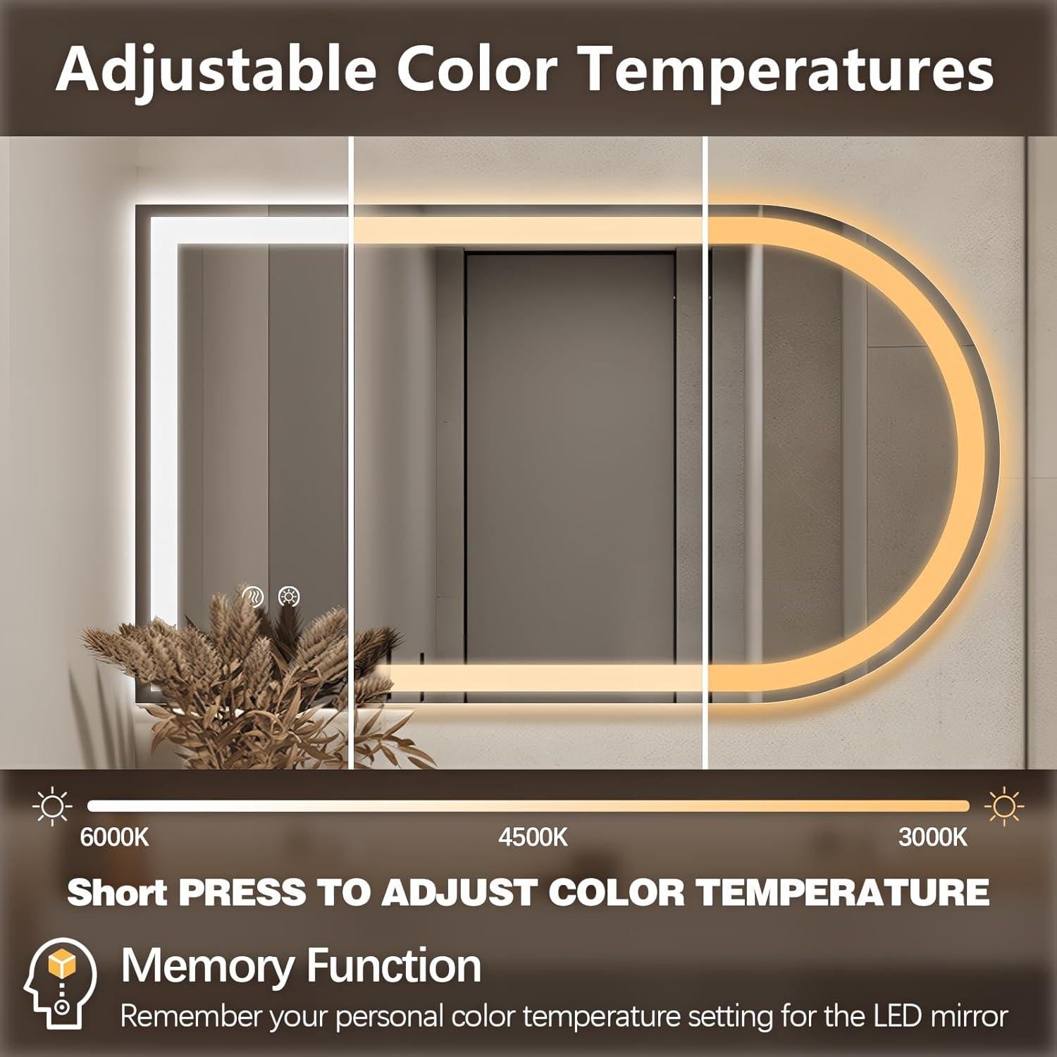 Espejo de Baño LED Arqueado Niccy 101.6x61 cm con Función de Memoria