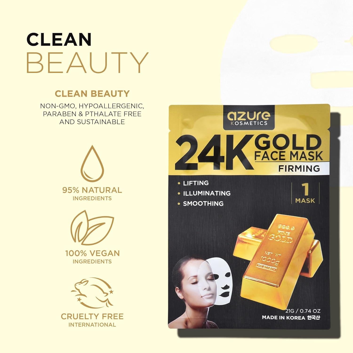 Máscara Facial Reafirmante Oro 24K Azure - Hidratante 5 Pzas