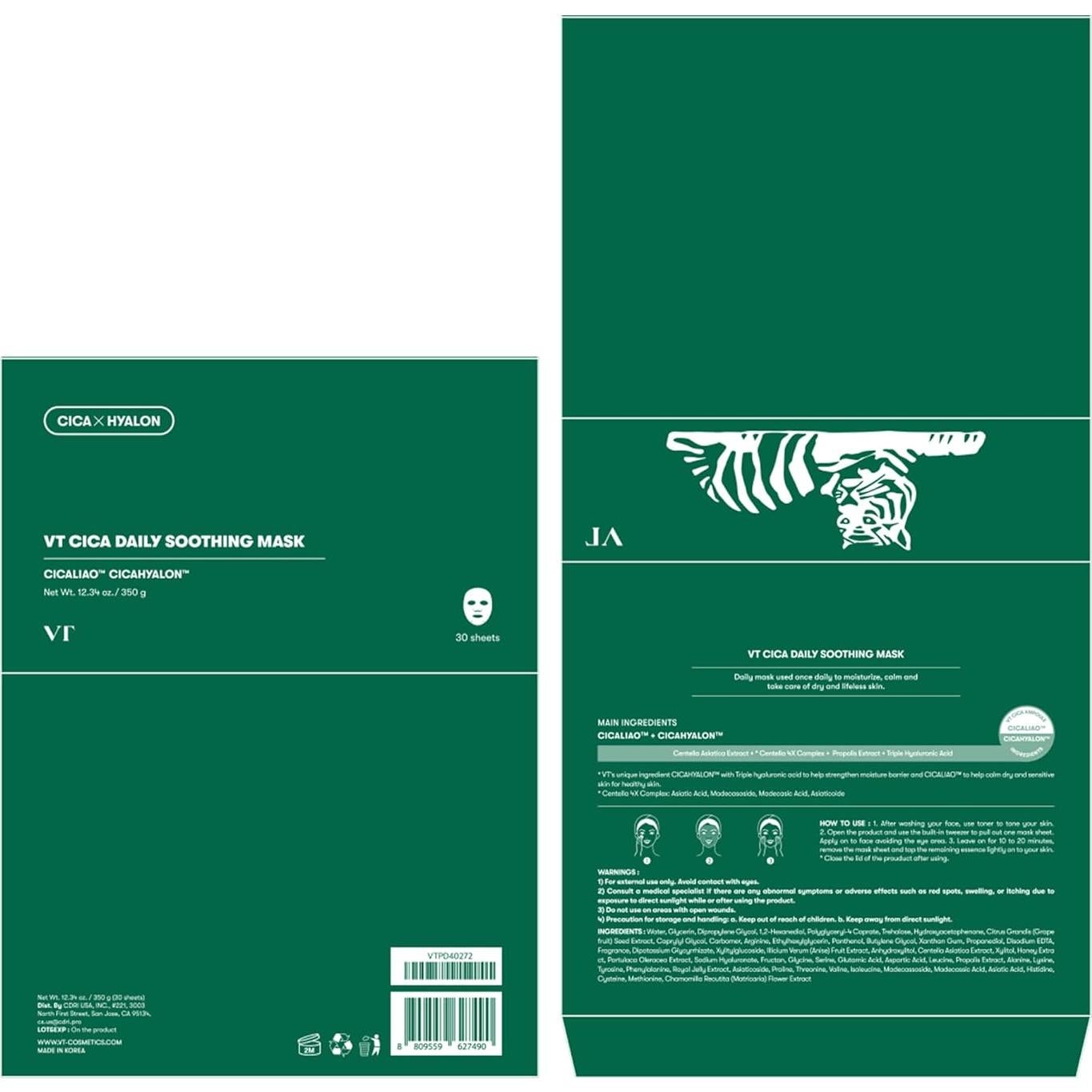 Máscara Diaria Calmante VT COSMETICS CICA 30 Hojas Hidratante
