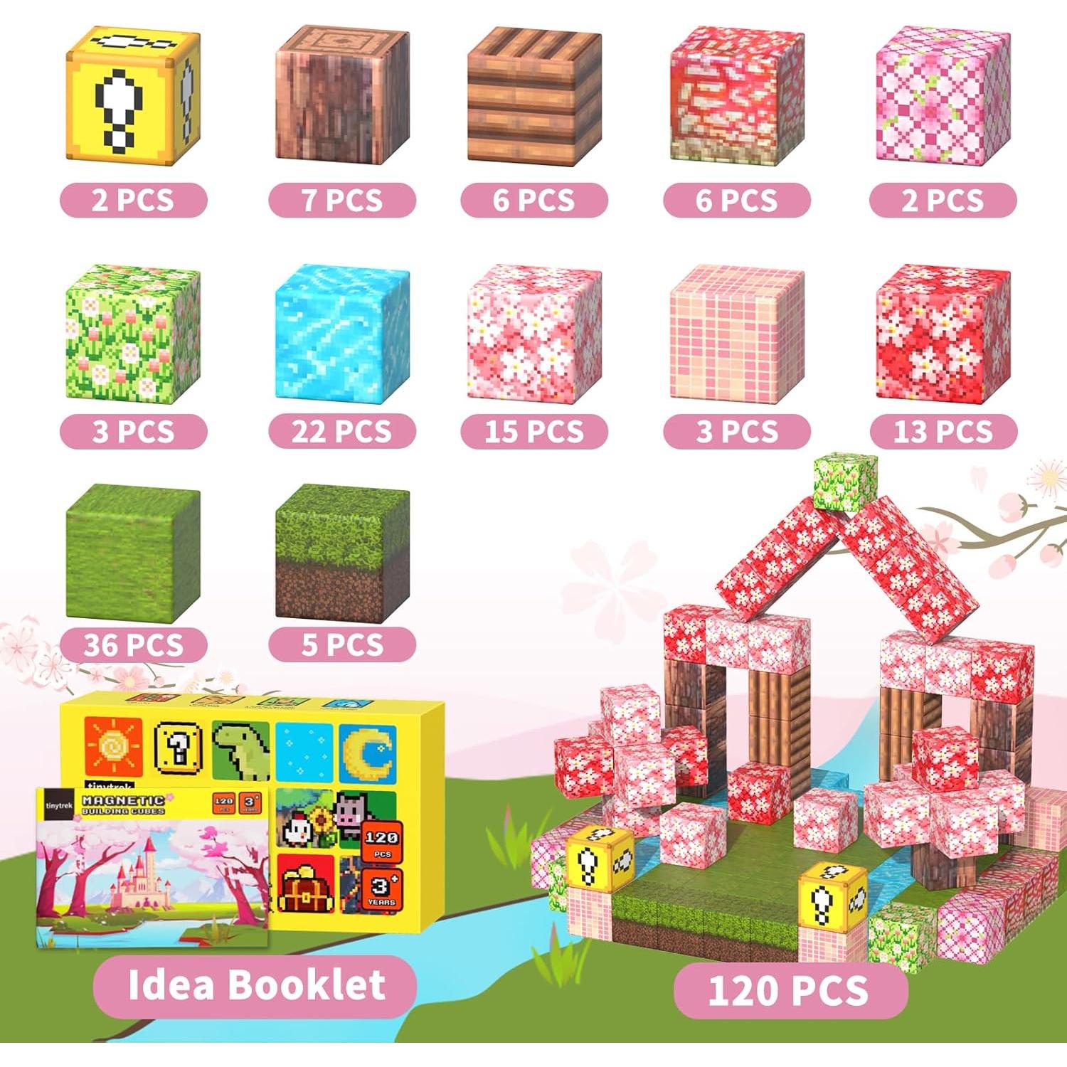 Magnetic Blocks-120PCS Magnets Cubes, Cherry Blossom Magnetic Building Blocks Toddler Toys for Age 3-4 5-7 6-8,STEM Sensory Toys Birthday Gifts for 3+ Years Old Boys & Girls