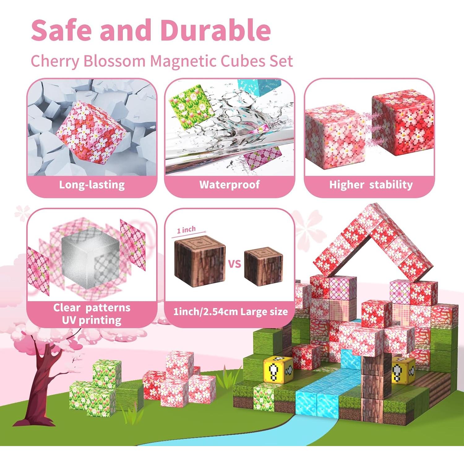 Magnetic Blocks-120PCS Magnets Cubes, Cherry Blossom Magnetic Building Blocks Toddler Toys for Age 3-4 5-7 6-8,STEM Sensory Toys Birthday Gifts for 3+ Years Old Boys & Girls