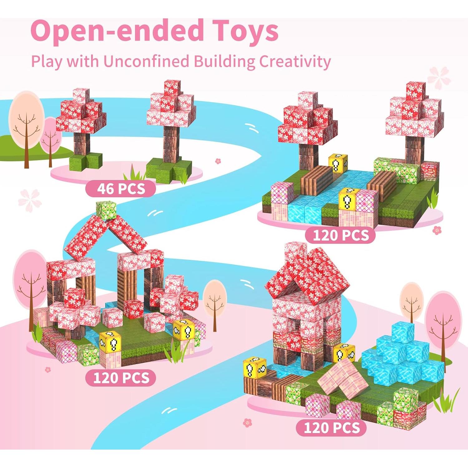 Magnetic Blocks-120PCS Magnets Cubes, Cherry Blossom Magnetic Building Blocks Toddler Toys for Age 3-4 5-7 6-8,STEM Sensory Toys Birthday Gifts for 3+ Years Old Boys & Girls