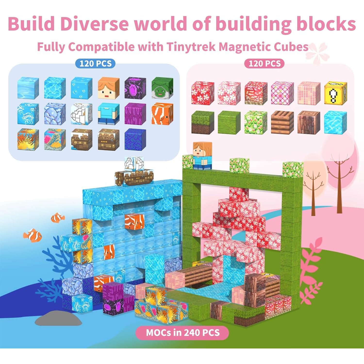 Magnetic Blocks-120PCS Magnets Cubes, Cherry Blossom Magnetic Building Blocks Toddler Toys for Age 3-4 5-7 6-8,STEM Sensory Toys Birthday Gifts for 3+ Years Old Boys & Girls