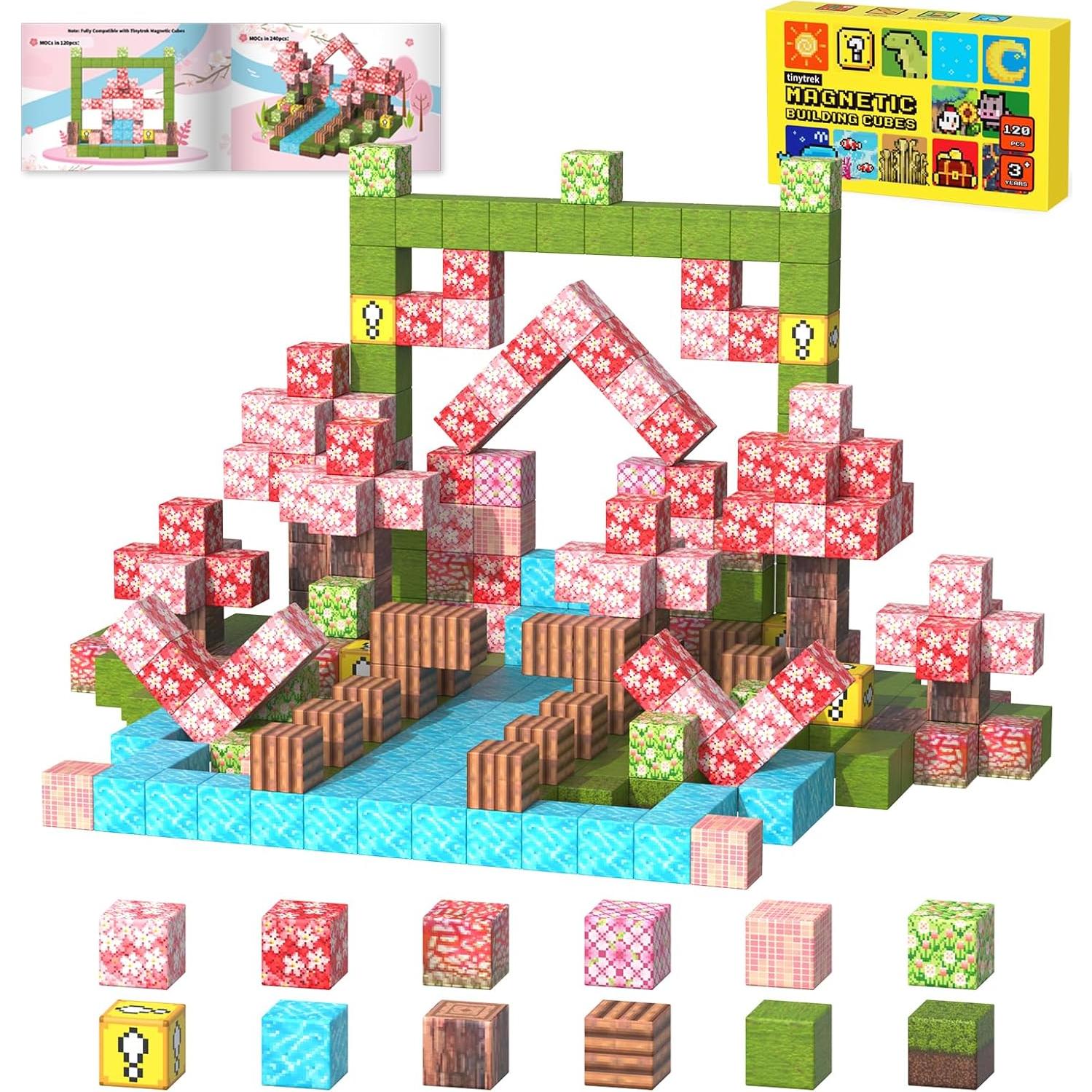 Magnetic Blocks-120PCS Magnets Cubes, Cherry Blossom Magnetic Building Blocks Toddler Toys for Age 3-4 5-7 6-8,STEM Sensory Toys Birthday Gifts for 3+ Years Old Boys & Girls