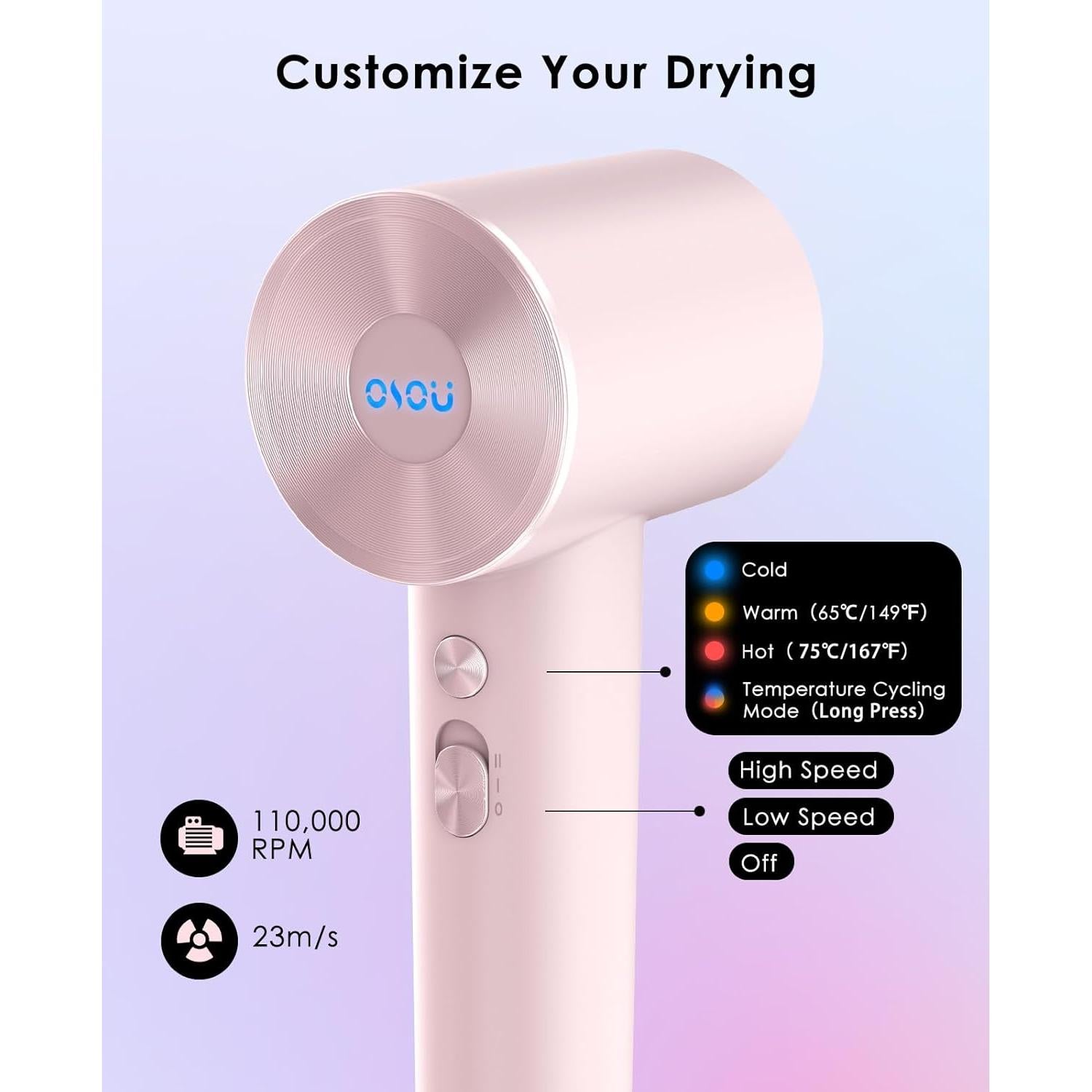 Secador de Pelo OSOU Iónico 110,000 RPM con Difusor Rosa