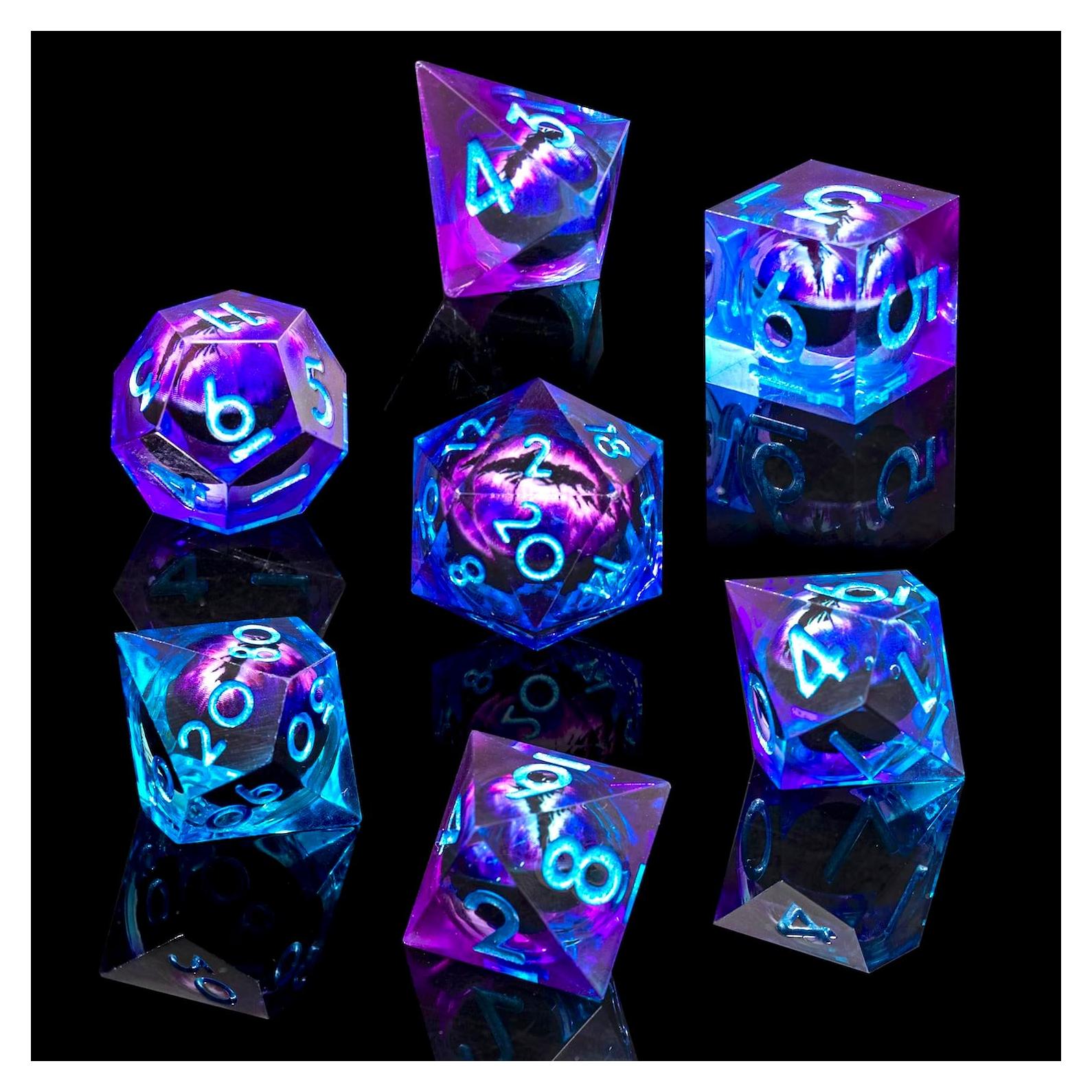 Juego de Dados Ojo de Dragón Beholder 7 PCS Resina Azul Púrpura