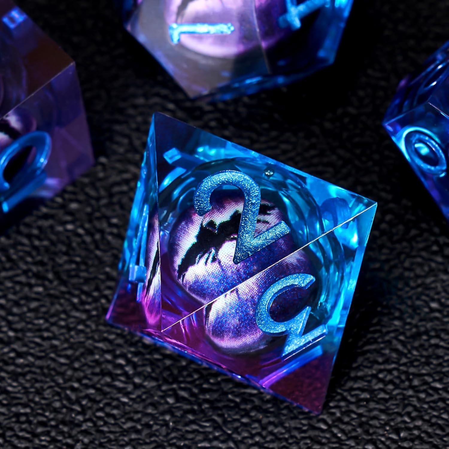 Juego de Dados Ojo de Dragón Beholder 7 PCS Resina Azul Púrpura