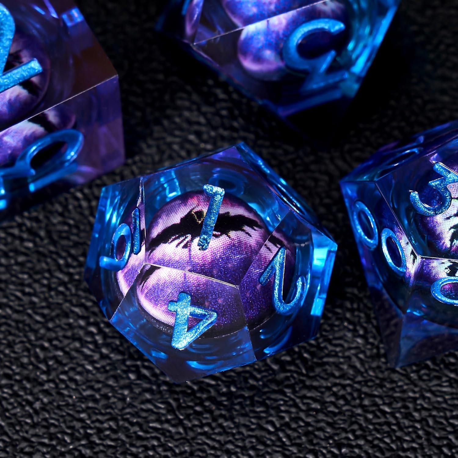 Juego de Dados Ojo de Dragón Beholder 7 PCS Resina Azul Púrpura
