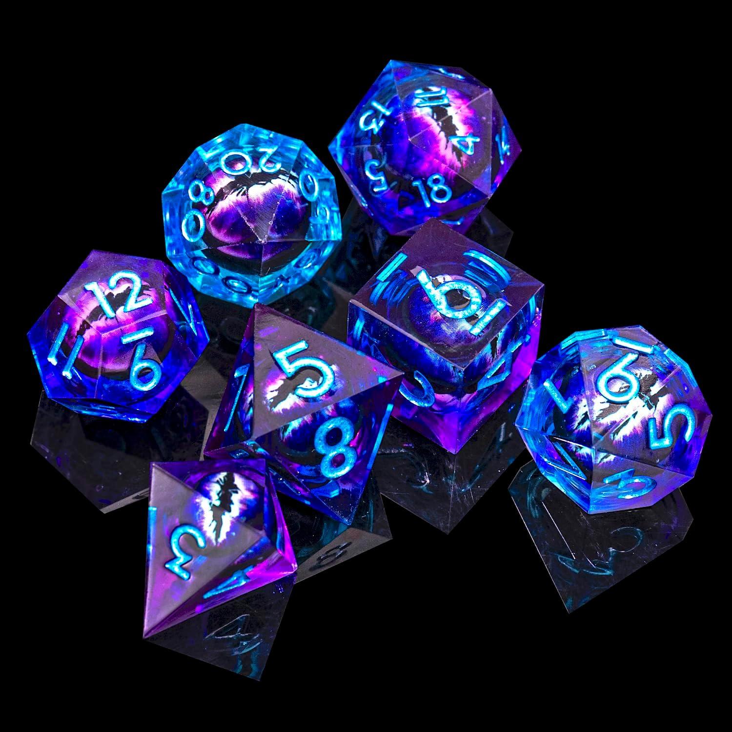 Juego de Dados Ojo de Dragón Beholder 7 PCS Resina Azul Púrpura