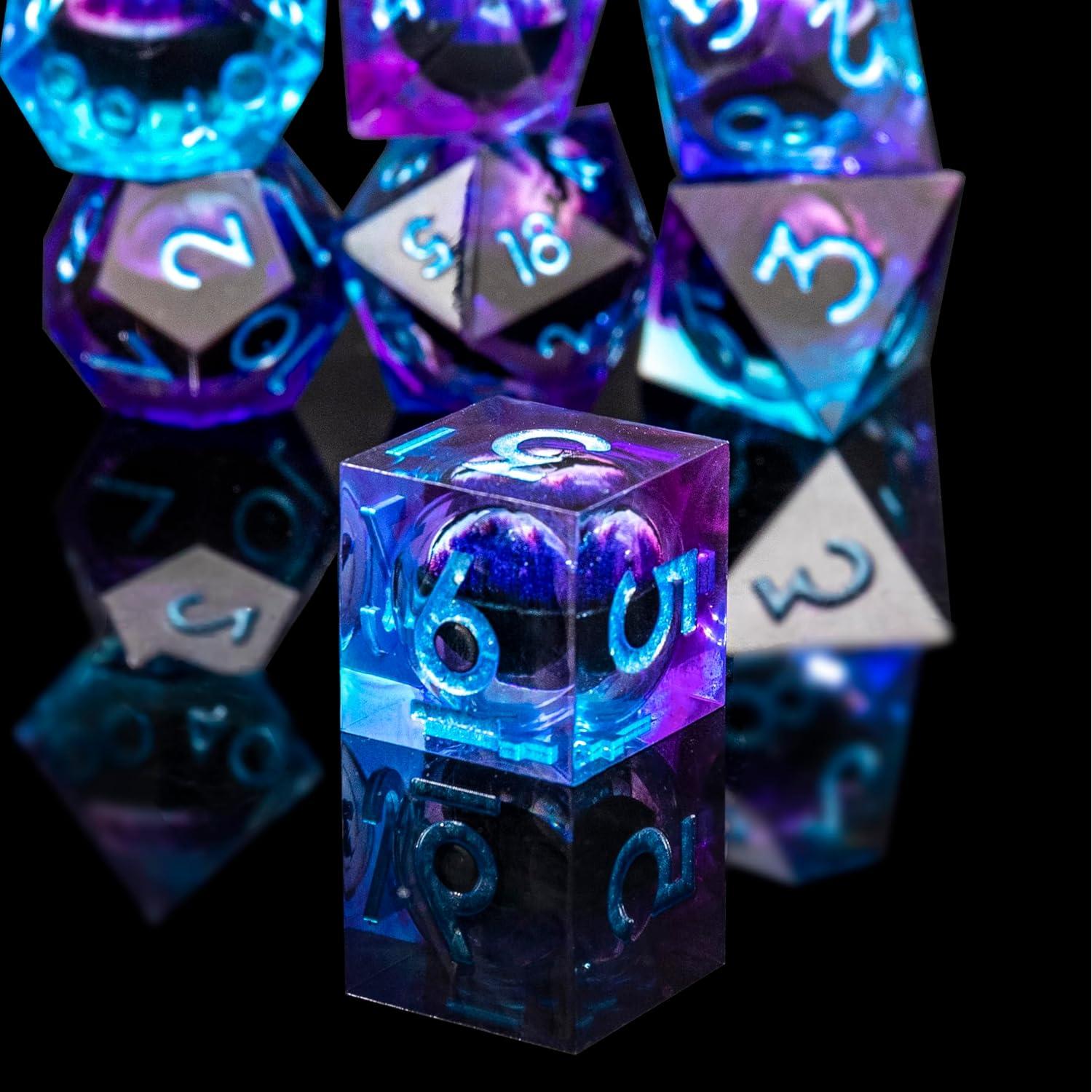 Juego de Dados Ojo de Dragón Beholder 7 PCS Resina Azul Púrpura