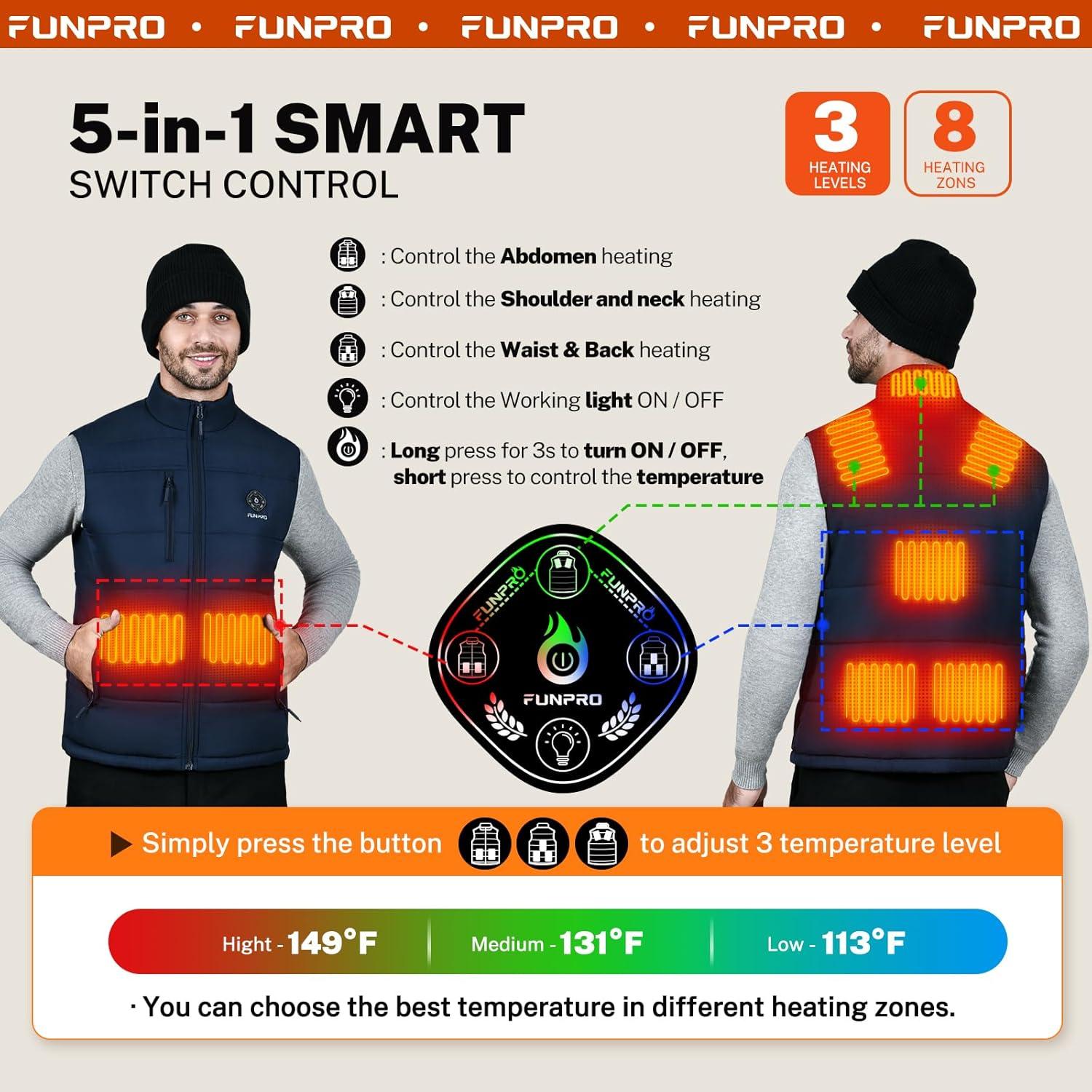 Chaleco Térmico Ligero FUNPRO para Hombres y Mujeres - 8 Zonas Calentamiento