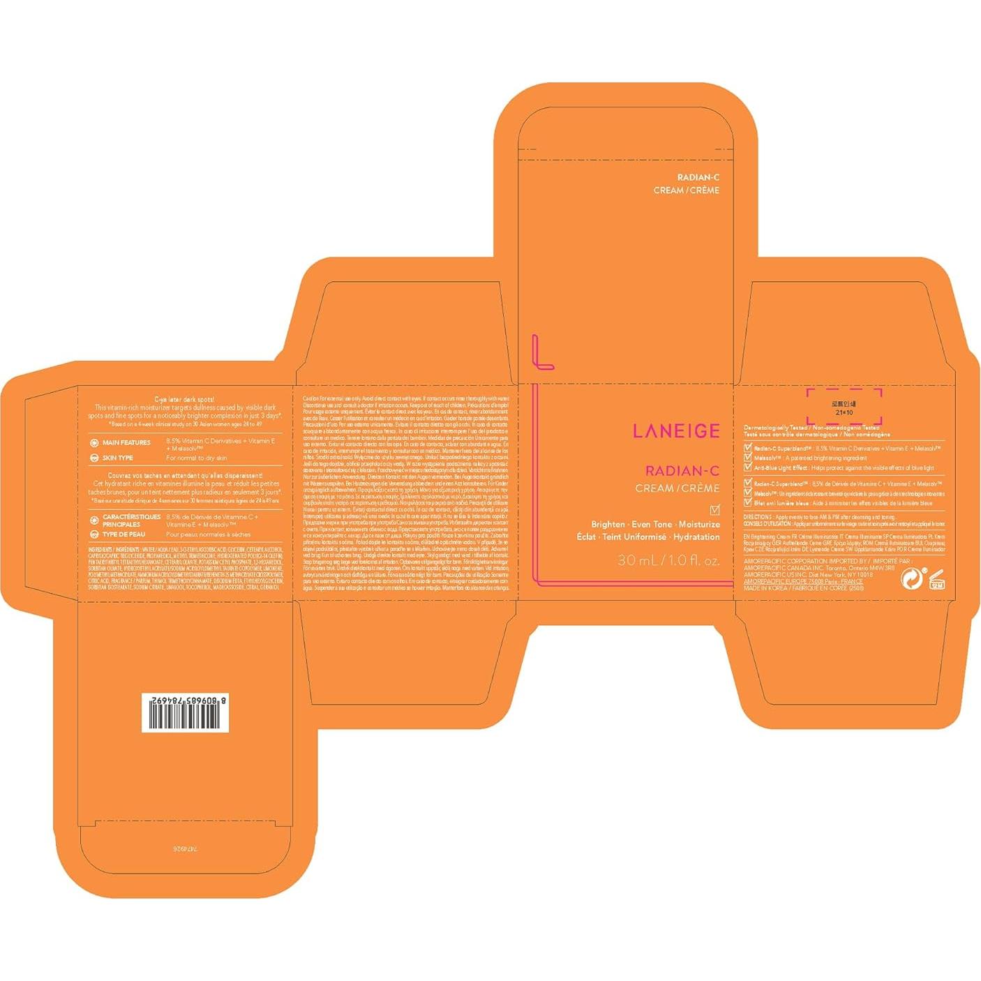 Crema Radian-C LANEIGE 50ml Vitamina C y E Aclara Manchas