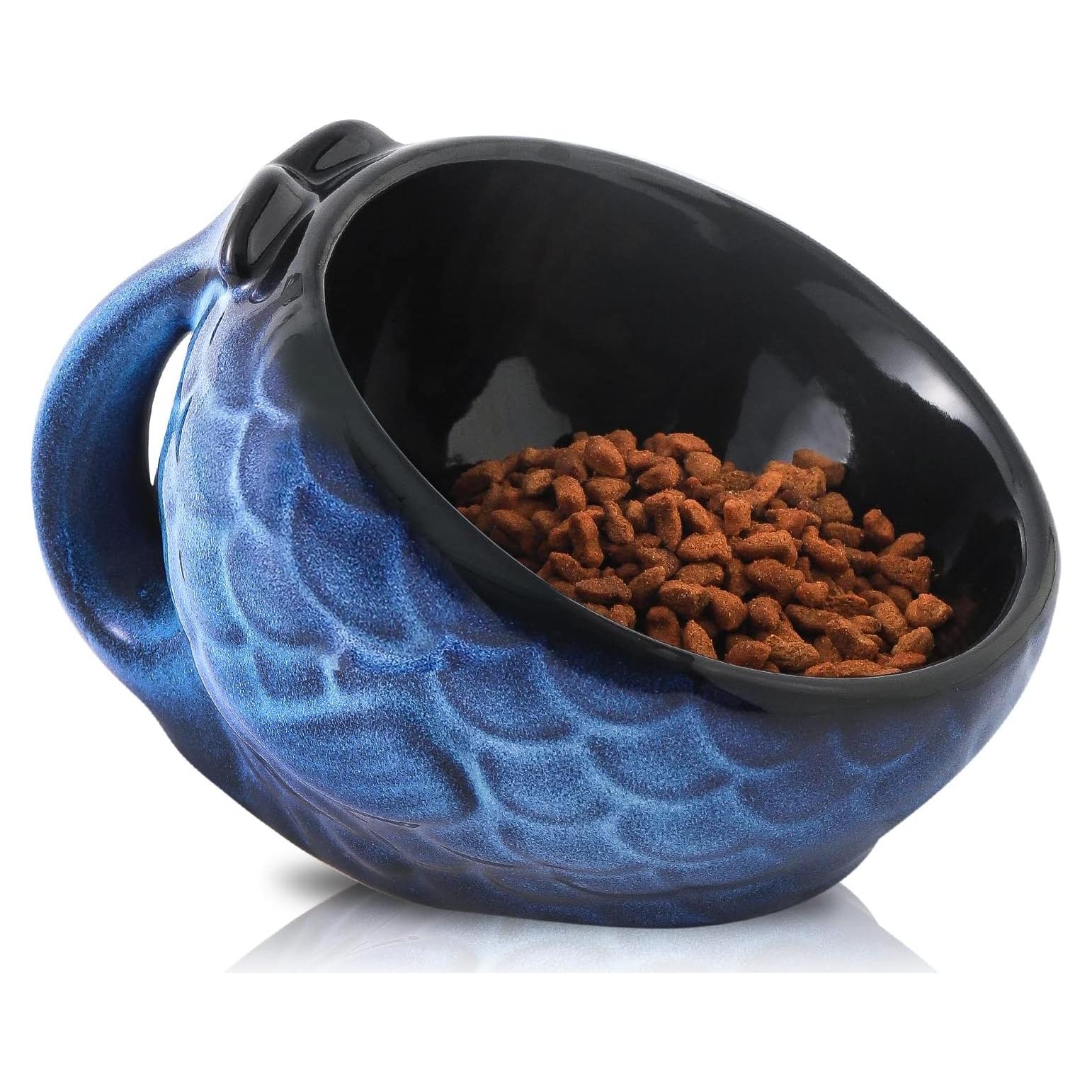 Tazón Elevado para Gatos Nihow de Cerámica 14 cm Negro y Azul