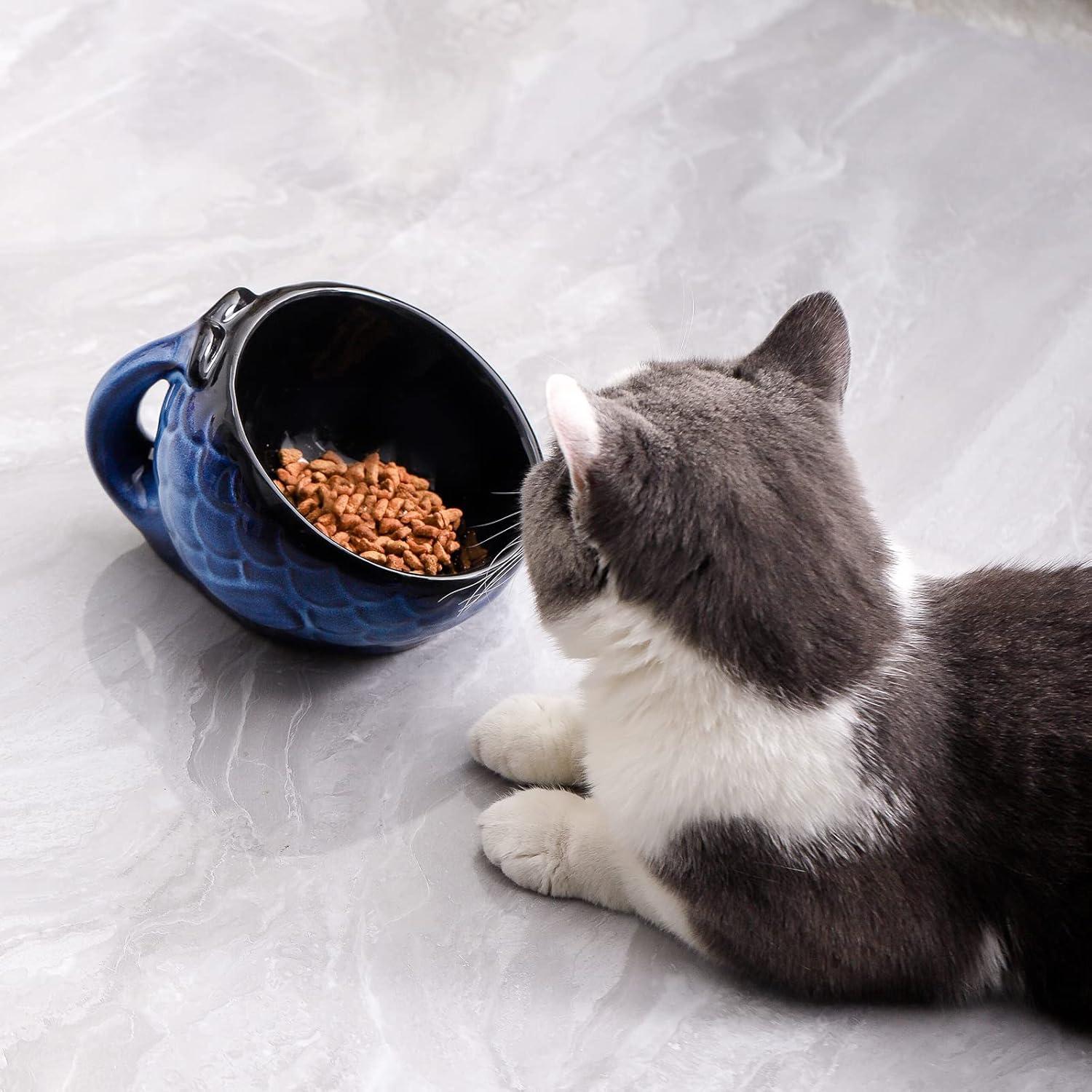 Tazón Elevado para Gatos Nihow de Cerámica 14 cm Negro y Azul